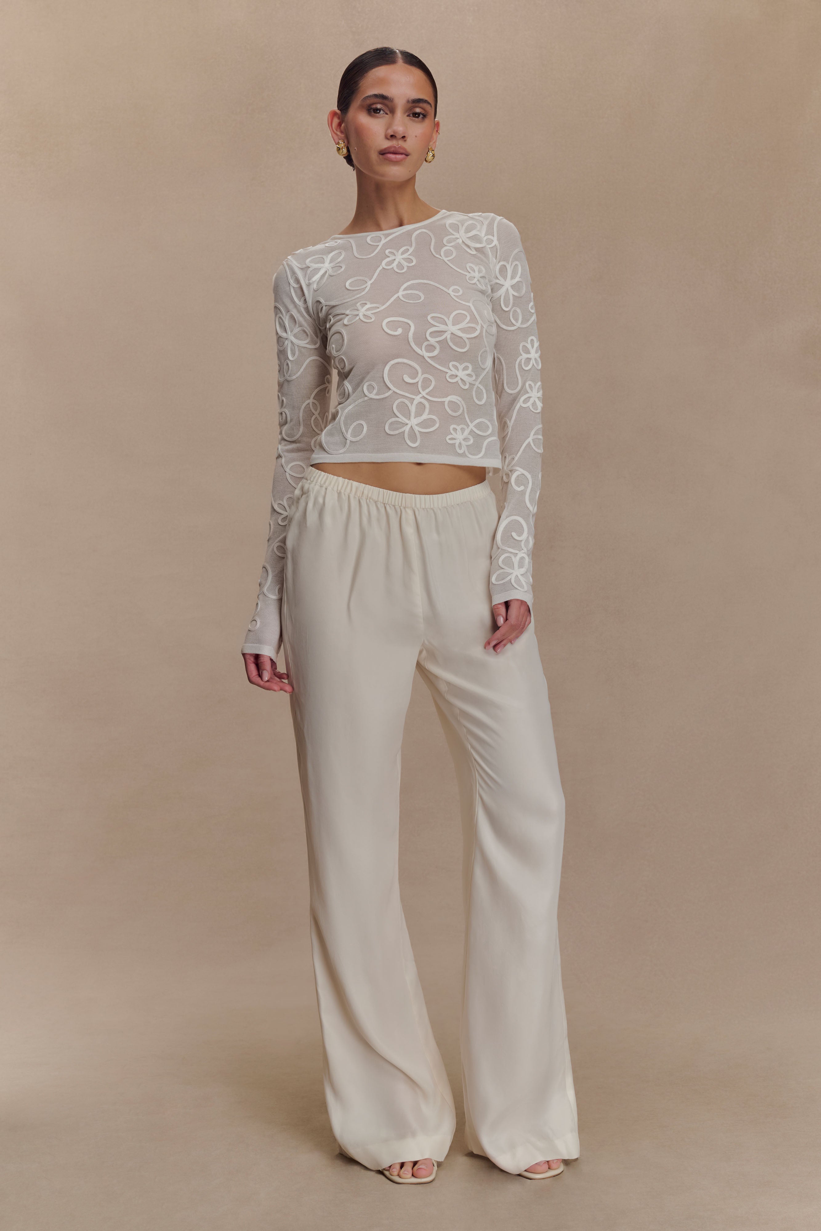 Omari Embroidery Long Sleeve Knit Top - Ivory | MESHKI US