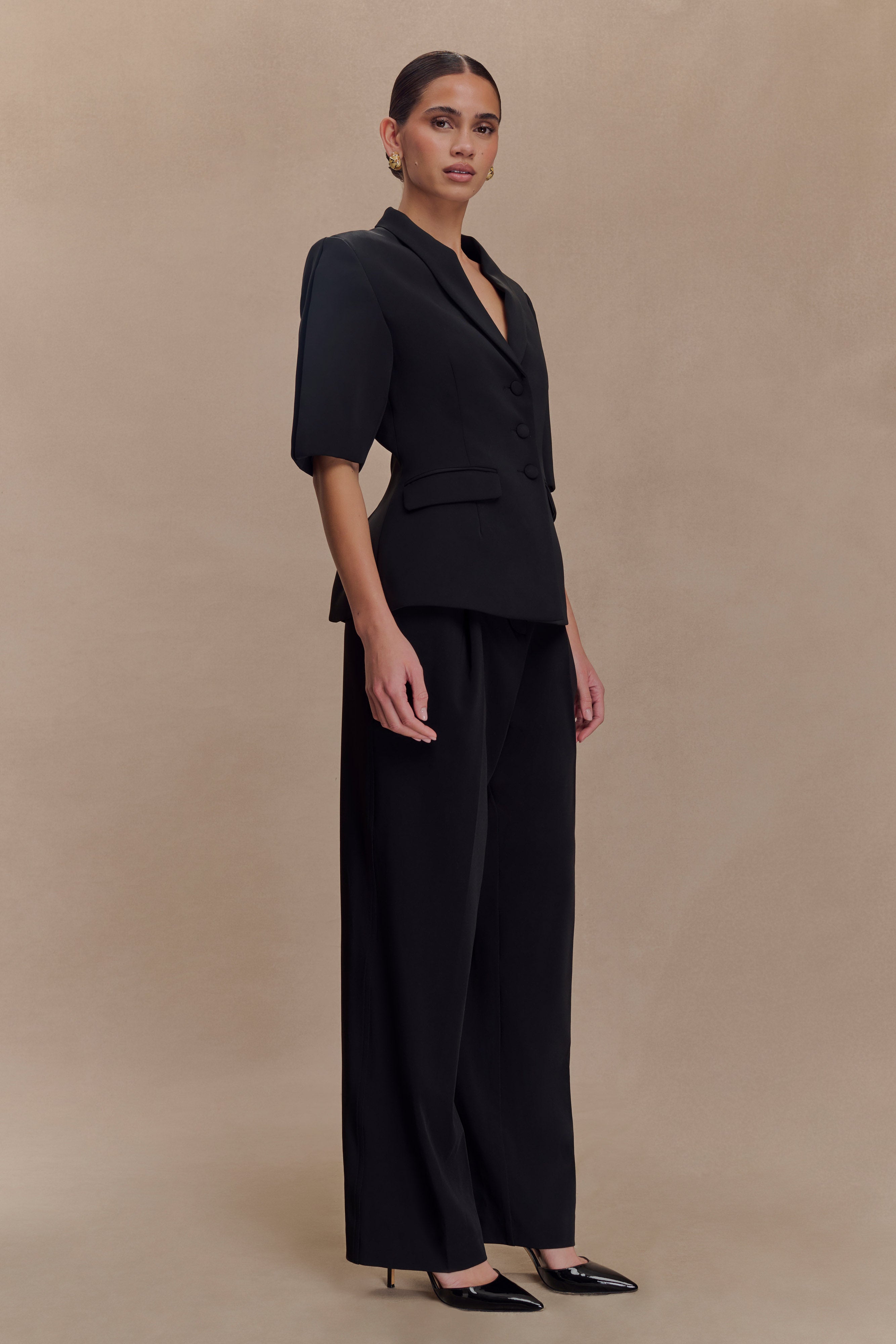 Opal Puff Sleeve Suiting Top - Black | MESHKI US