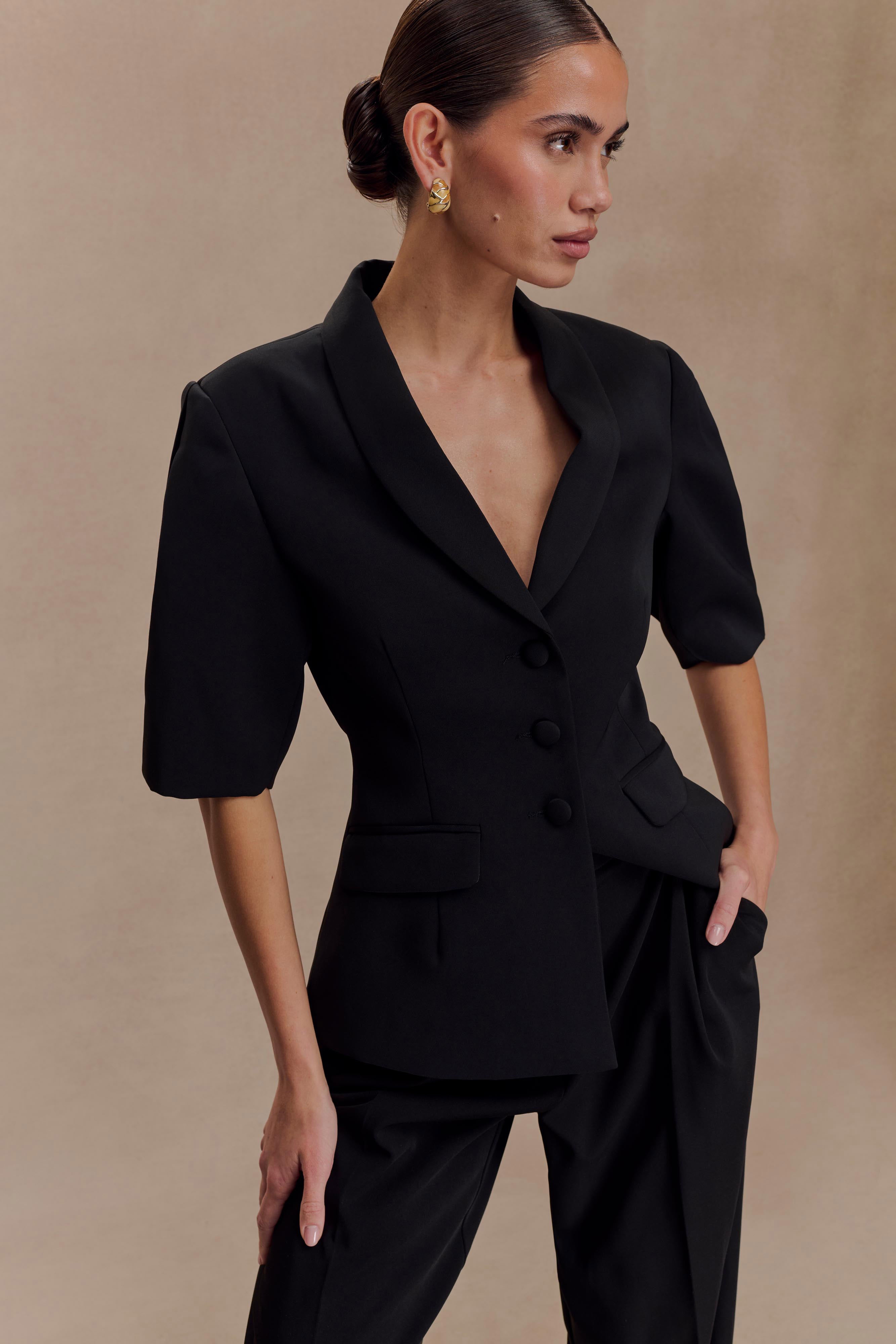 Opal Puff Sleeve Suiting Top - Black | MESHKI US