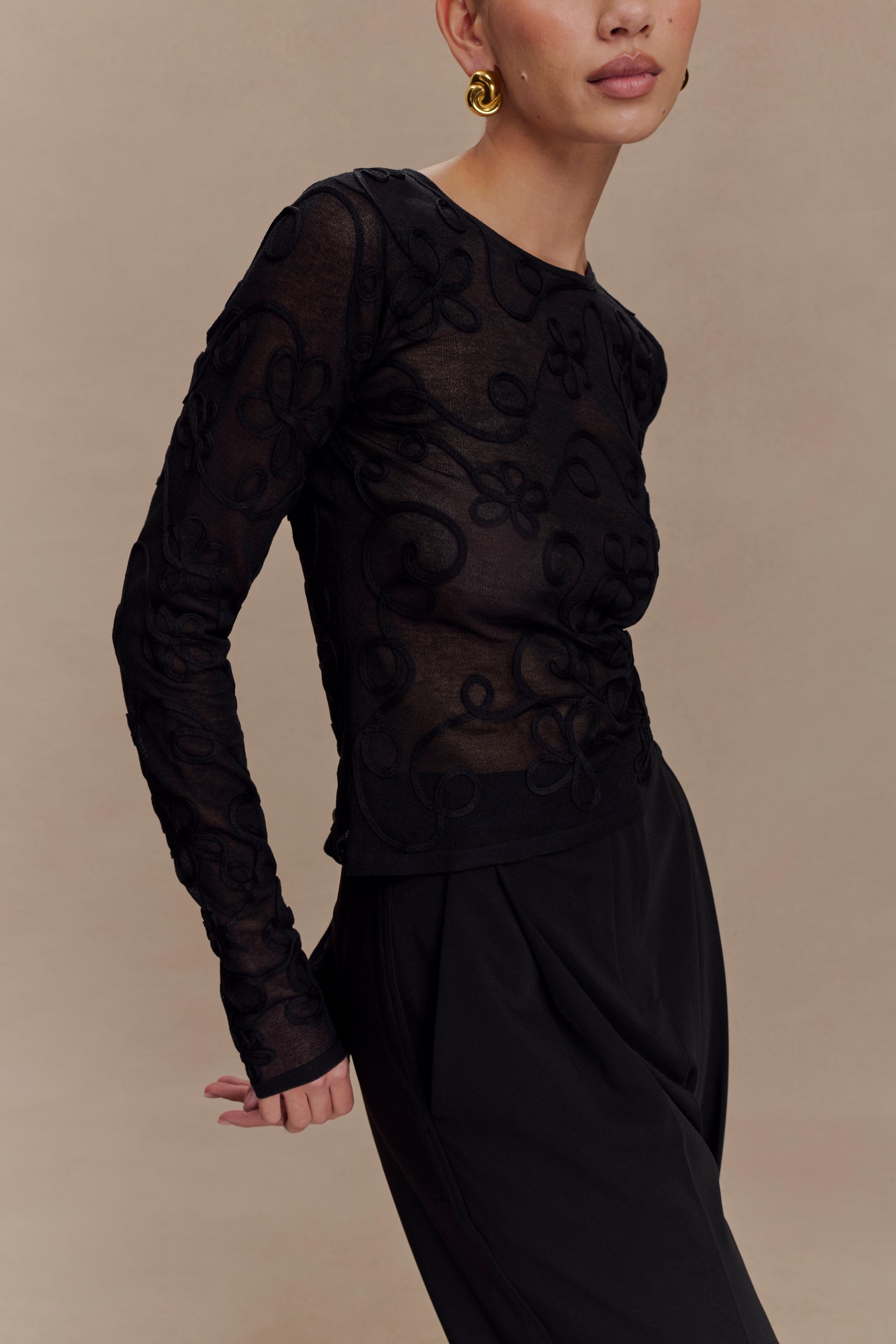 Omari Embroidery Long Sleeve Knit Top - Black | MESHKI US