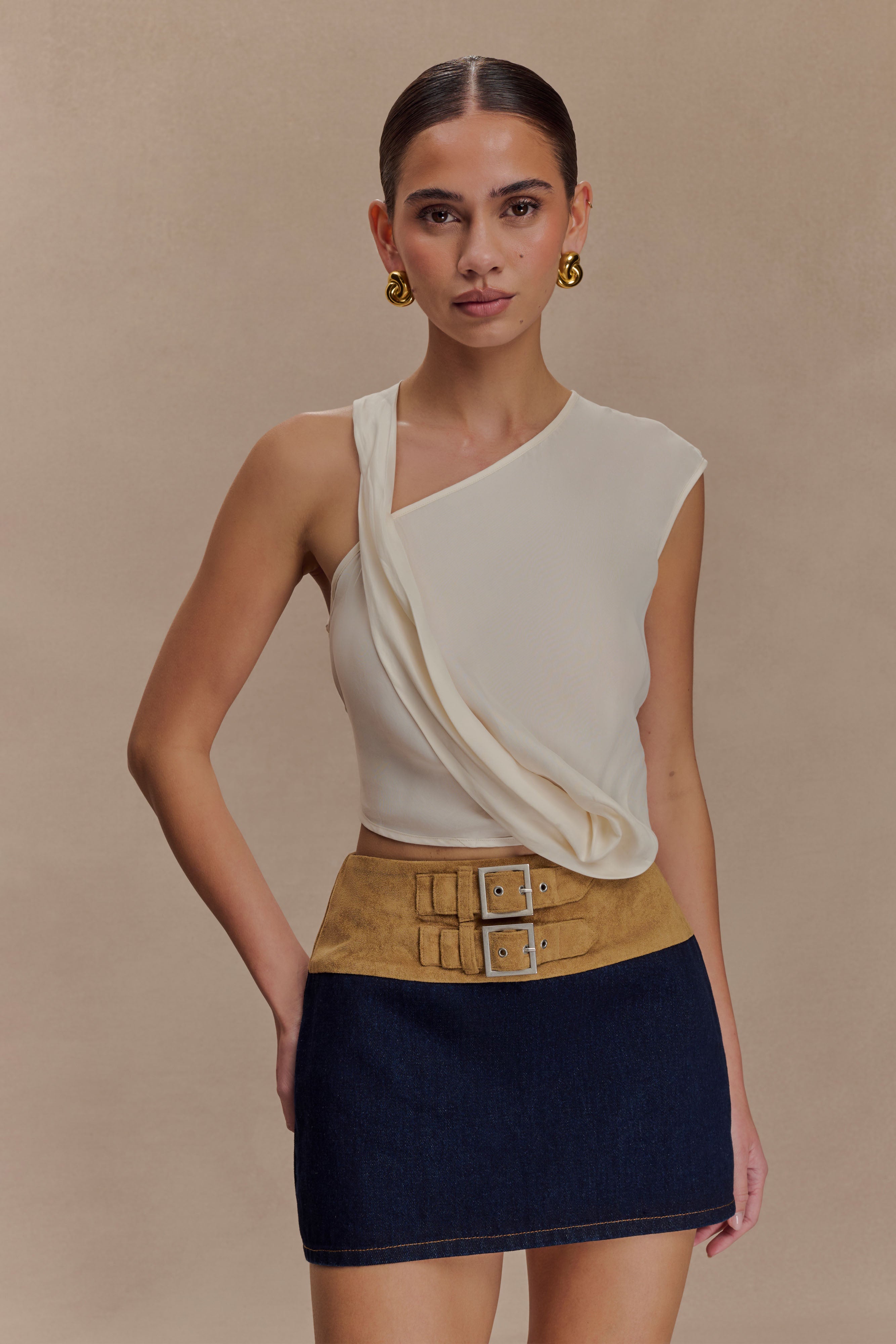 Miranda Faux Suede Belted Denim Mini Skirt - Indigo Blue | MESHKI US