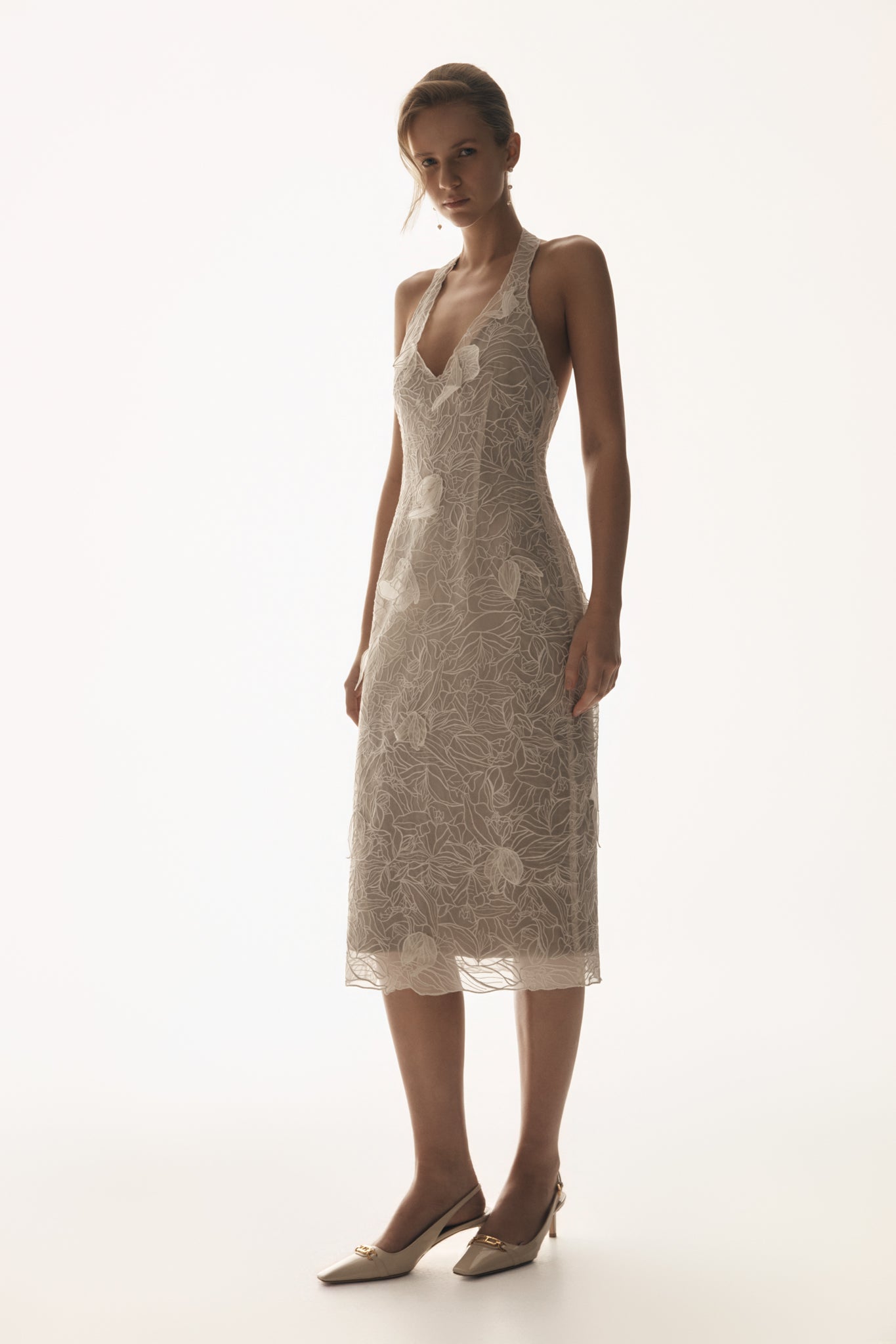Lenore Silk Lace Halter Midi Dress / Ivory | MESHKI