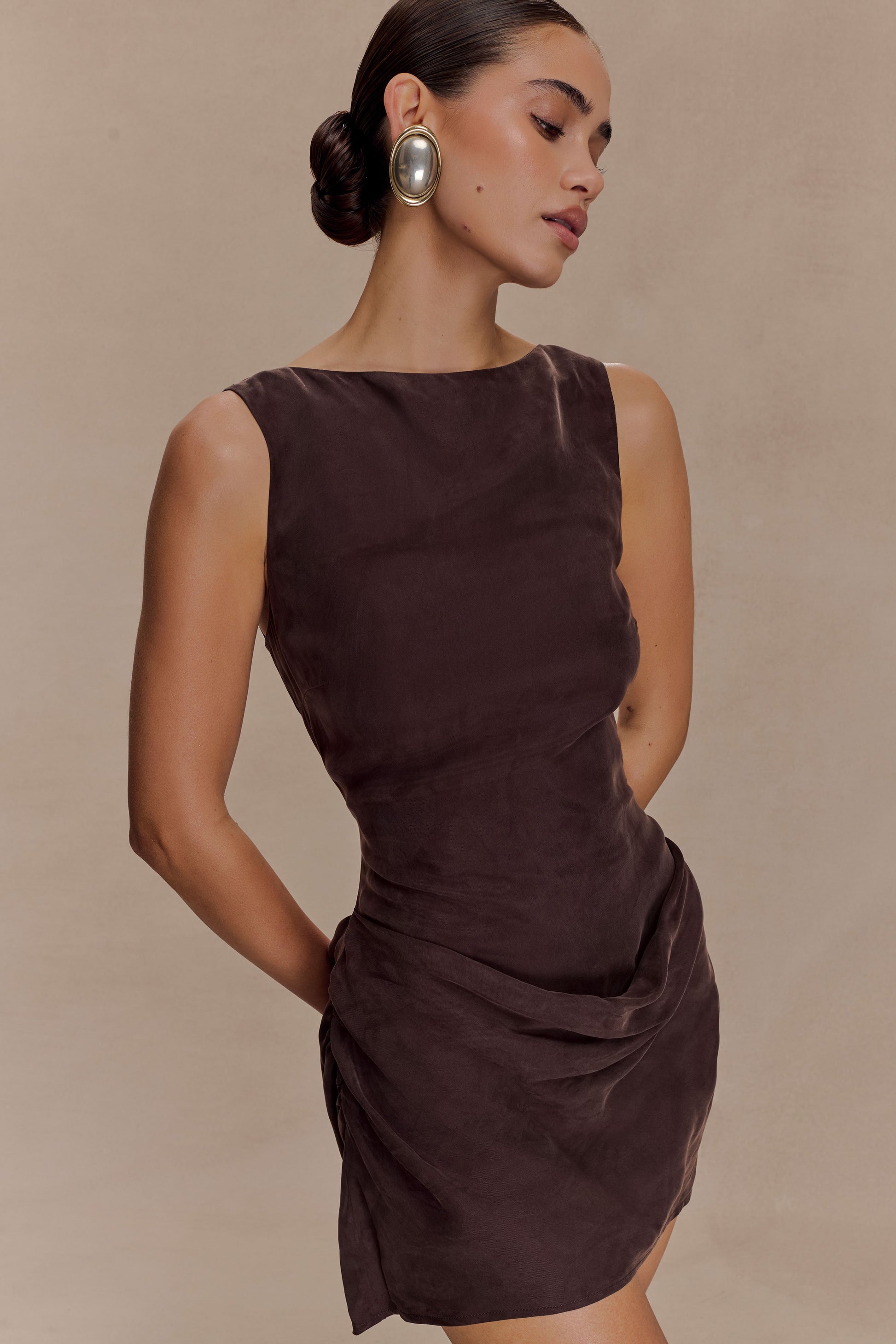 Bexley Draped Mini Dress - Dark Chocolate | MESHKI US Bexley Draped Mini Dress - Dark Chocolate | MESHKI US