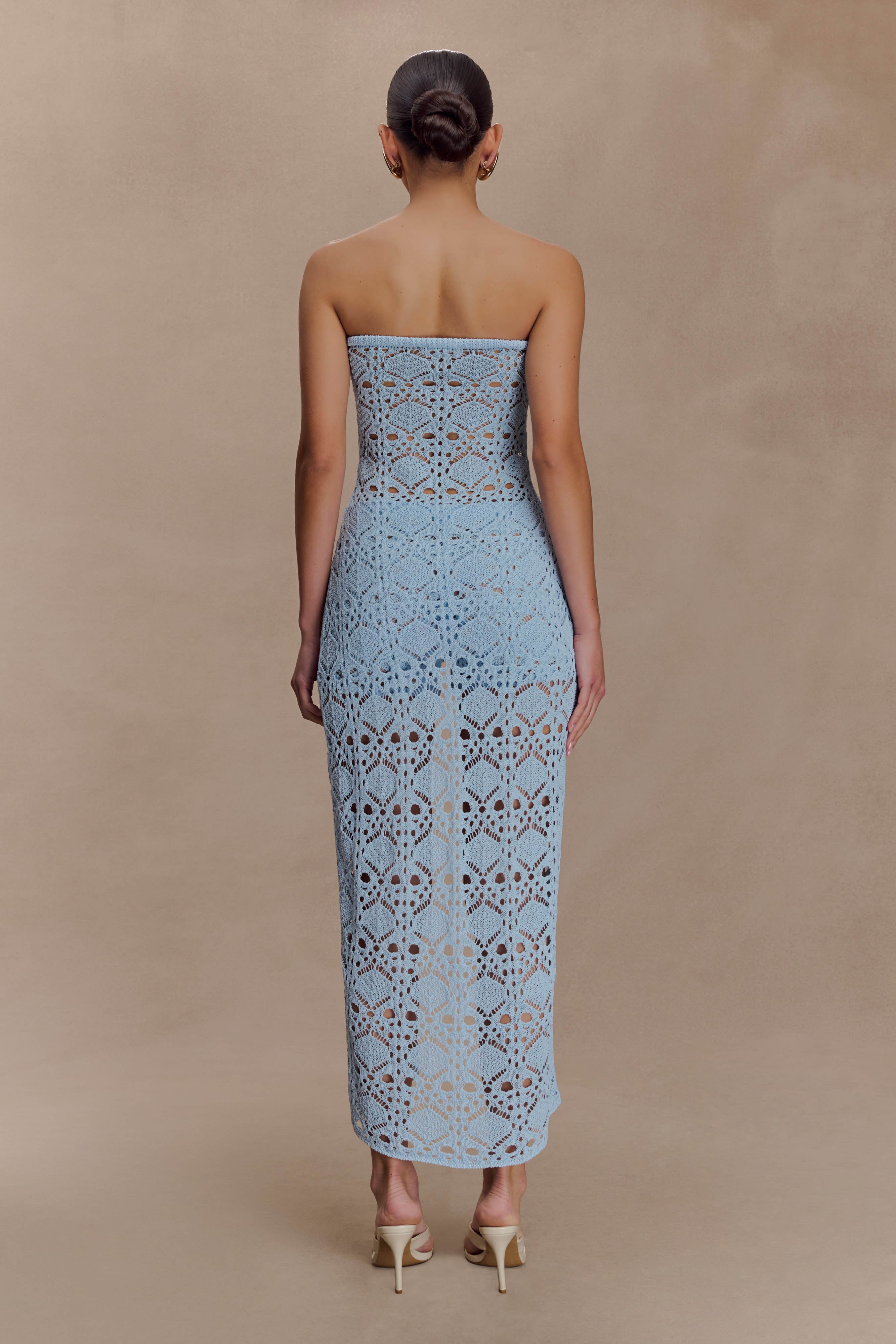Aeline Strapless Crochet Knit Top - Sky Blue | MESHKI US
