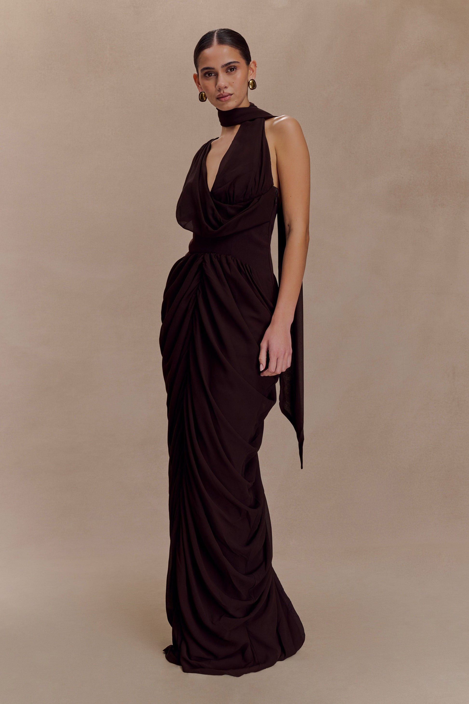 Alex Chiffon Maxi Dress / Cacao Brown | MESHKI | XXS Alex Chiffon Maxi Dress / Cacao Brown | MESHKI | XXS