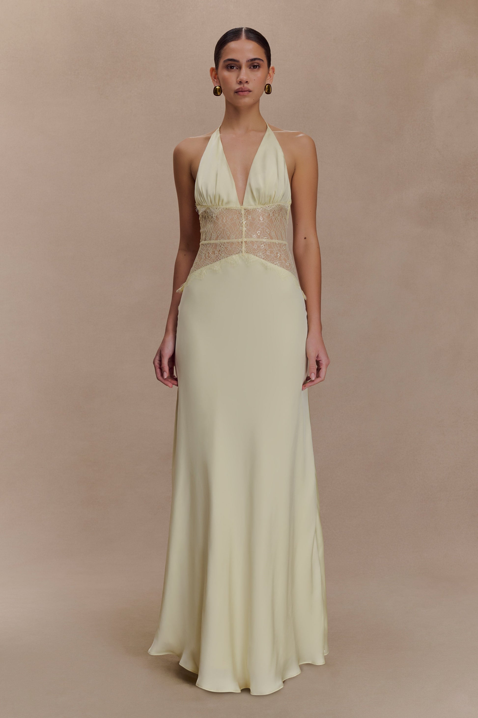 Dinah Lace And Satin Maxi Dress - Lemon | MESHKI US Dinah Lace And Satin Maxi Dress - Lemon | MESHKI US