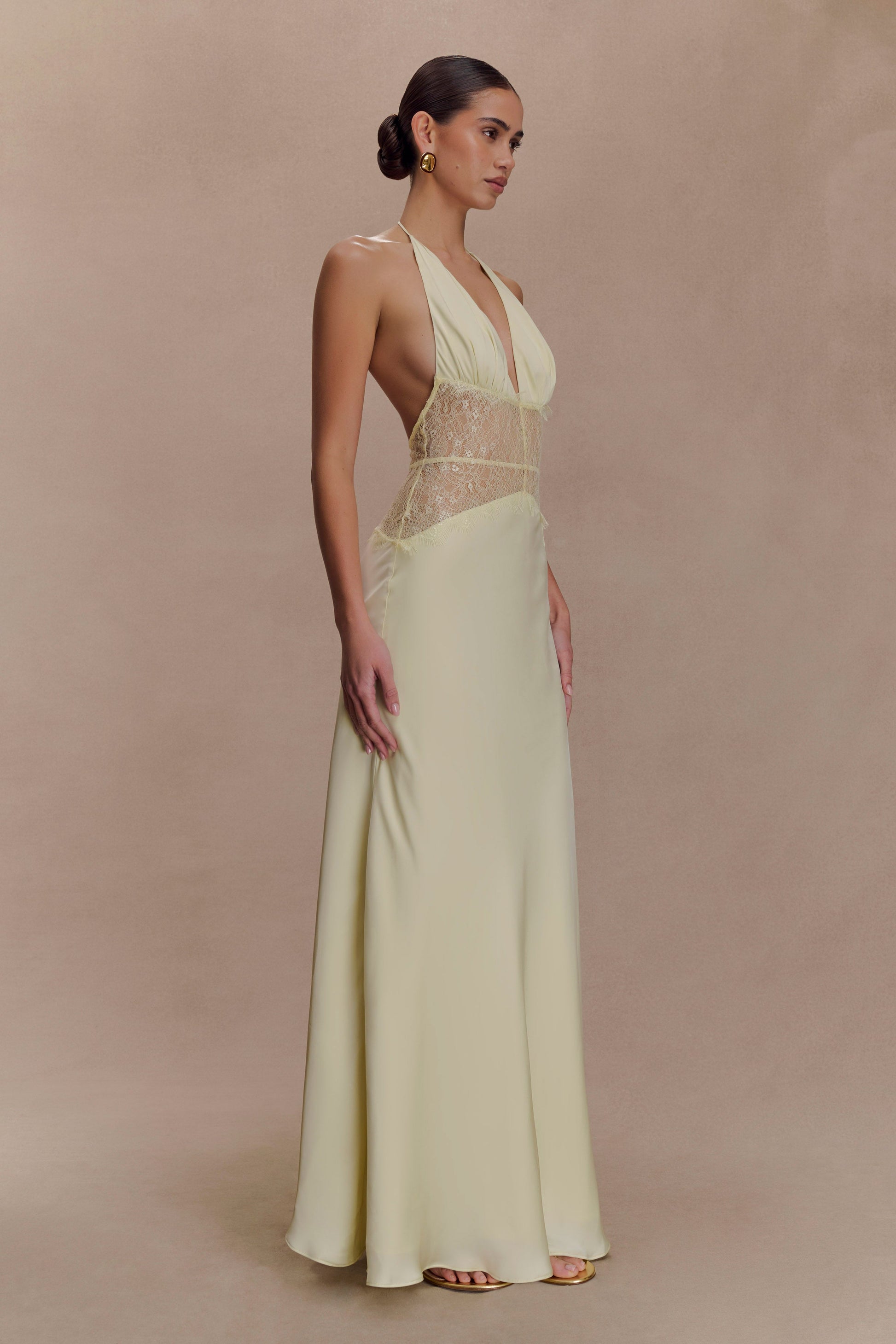 Dinah Lace And Satin Maxi Dress / Lemon | MESHKI | M Dinah Lace And Satin Maxi Dress / Lemon | MESHKI | M