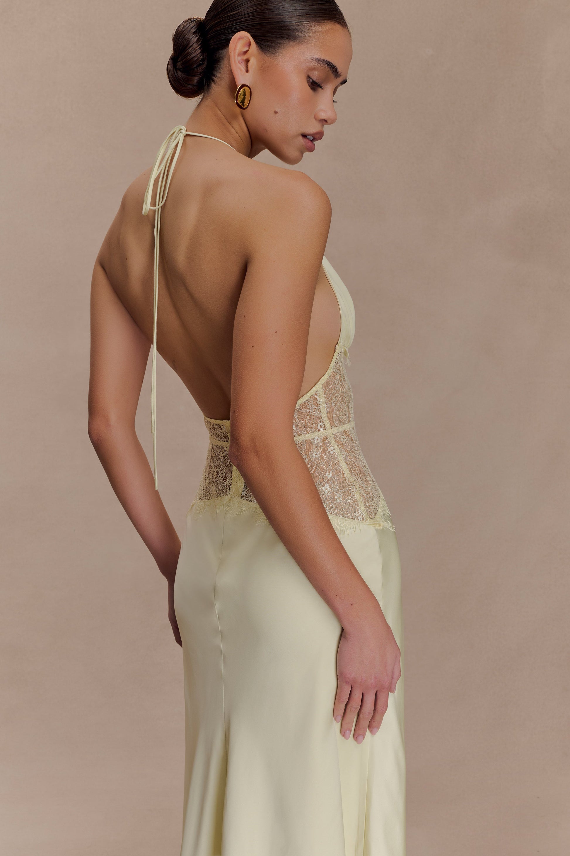 lemon mesh lace boob tube dress Lyvoria | Lemon Bandeau Maxi Dress With Mesh-Detail And Scarf