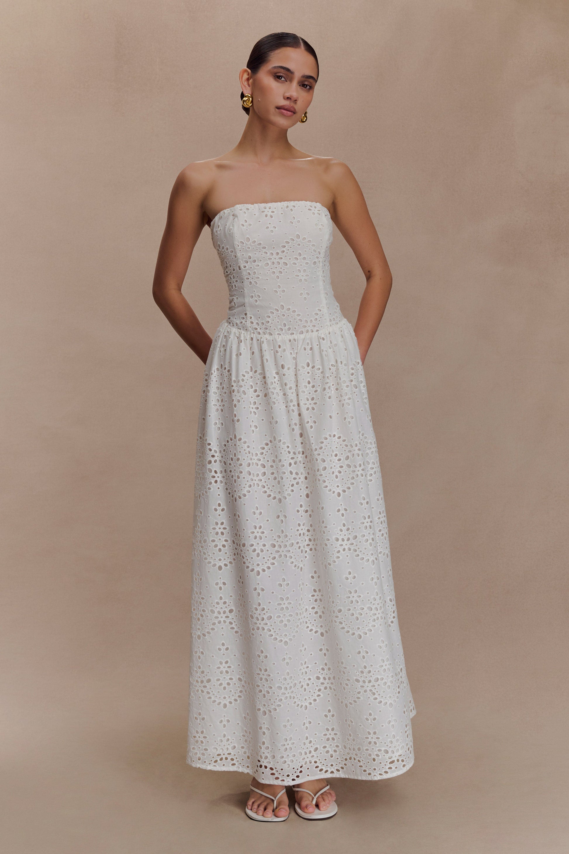 Maureen Broderie Strapless Maxi Dress / White | MESHKI