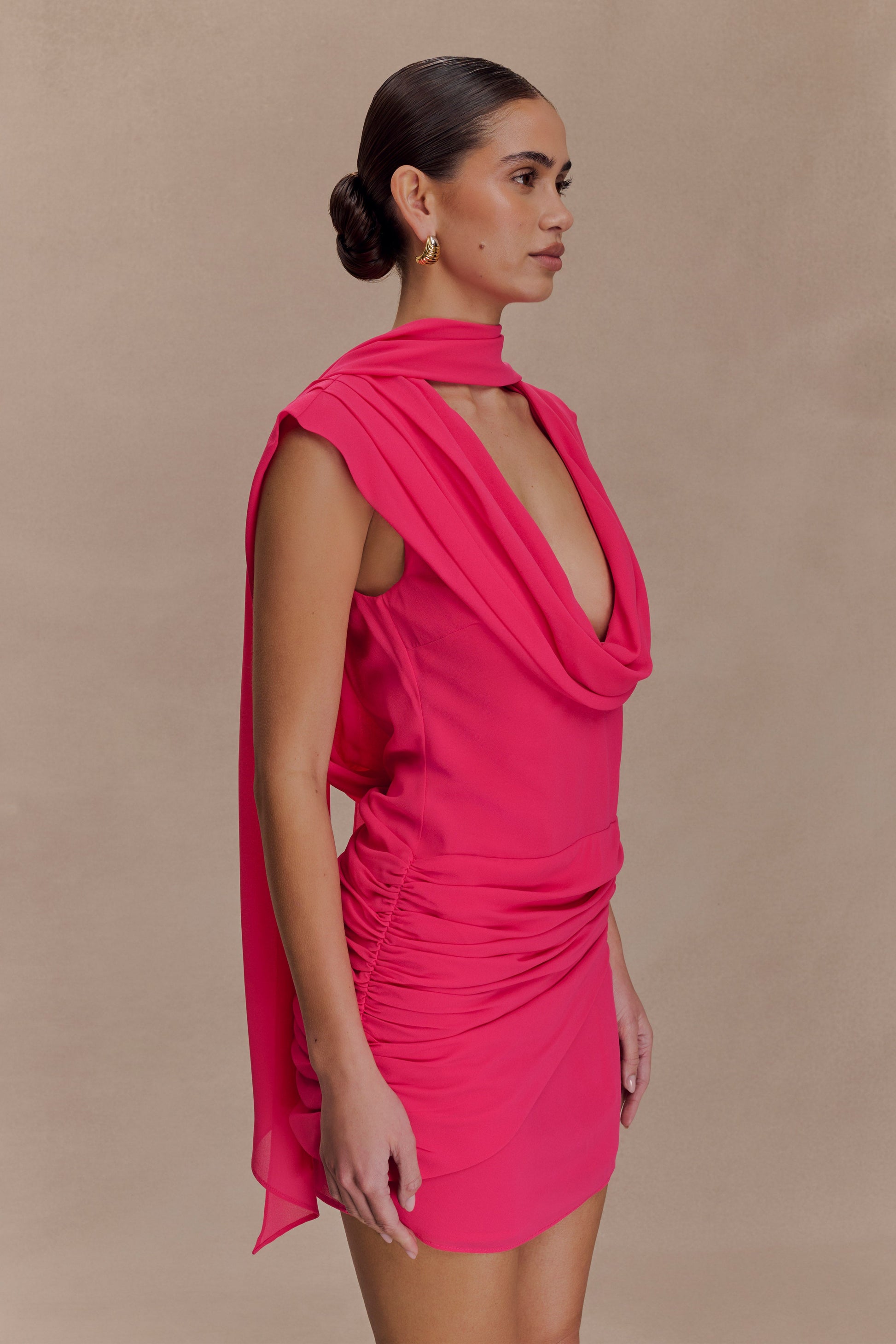 Giulia Chiffon Draped Mini Dress / Raspberry | MESHKI | XXS Giulia Chiffon Draped Mini Dress / Raspberry | MESHKI | XXS