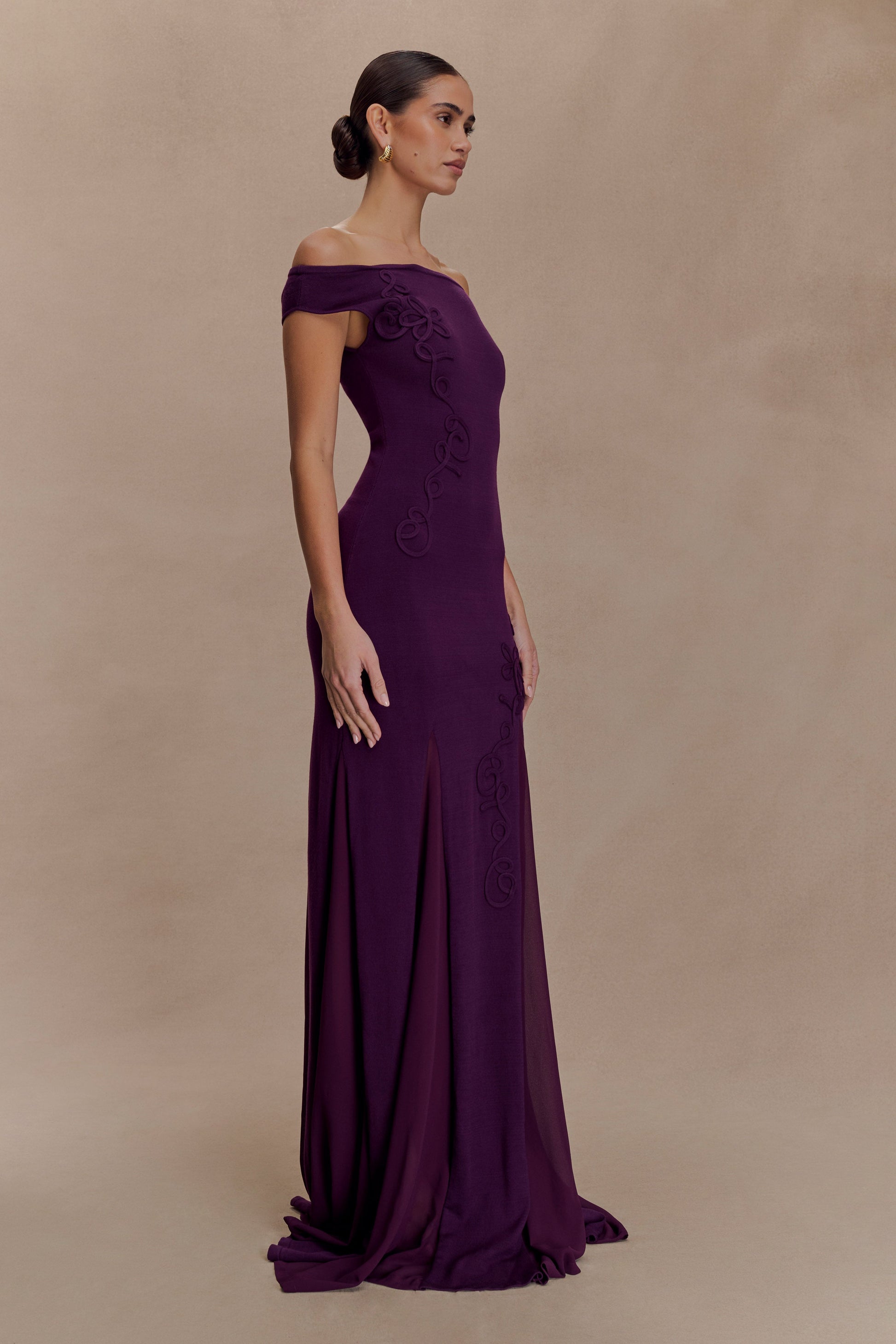 Nesta Embroidery Off Shoulder Knit Dress - Plum #3