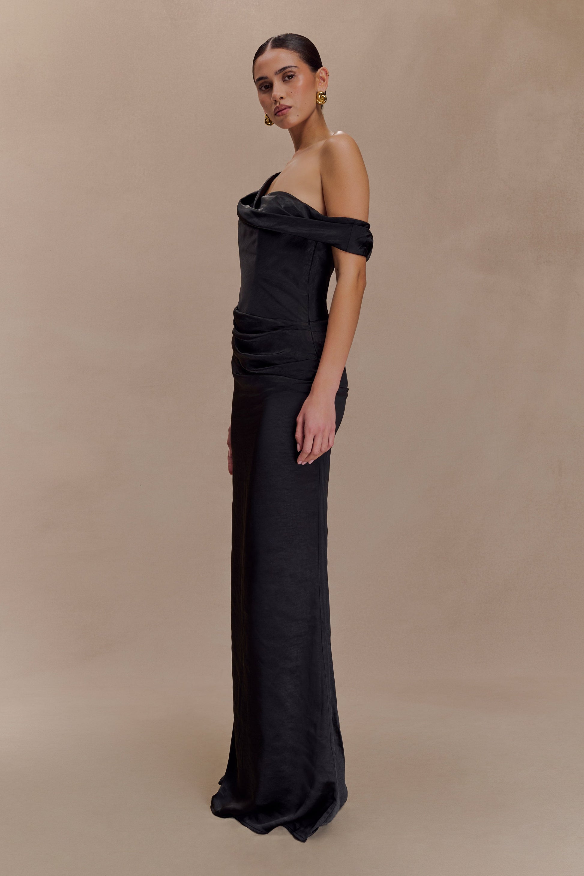Dalia Off Shoulder Satin Maxi Dress - Black | MESHKI US Dalia Off Shoulder Satin Maxi Dress - Black | MESHKI US