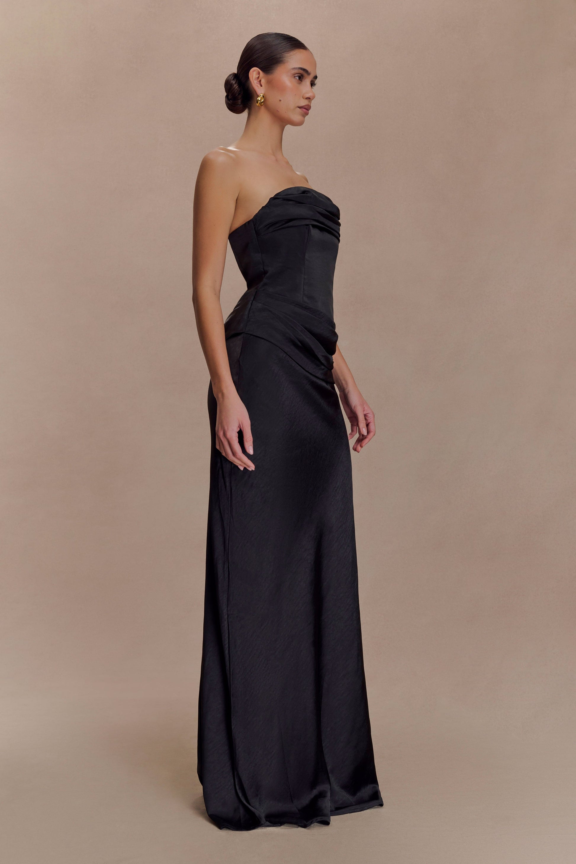 Jasmine Strapless Satin Maxi Dress / Black | MESHKI