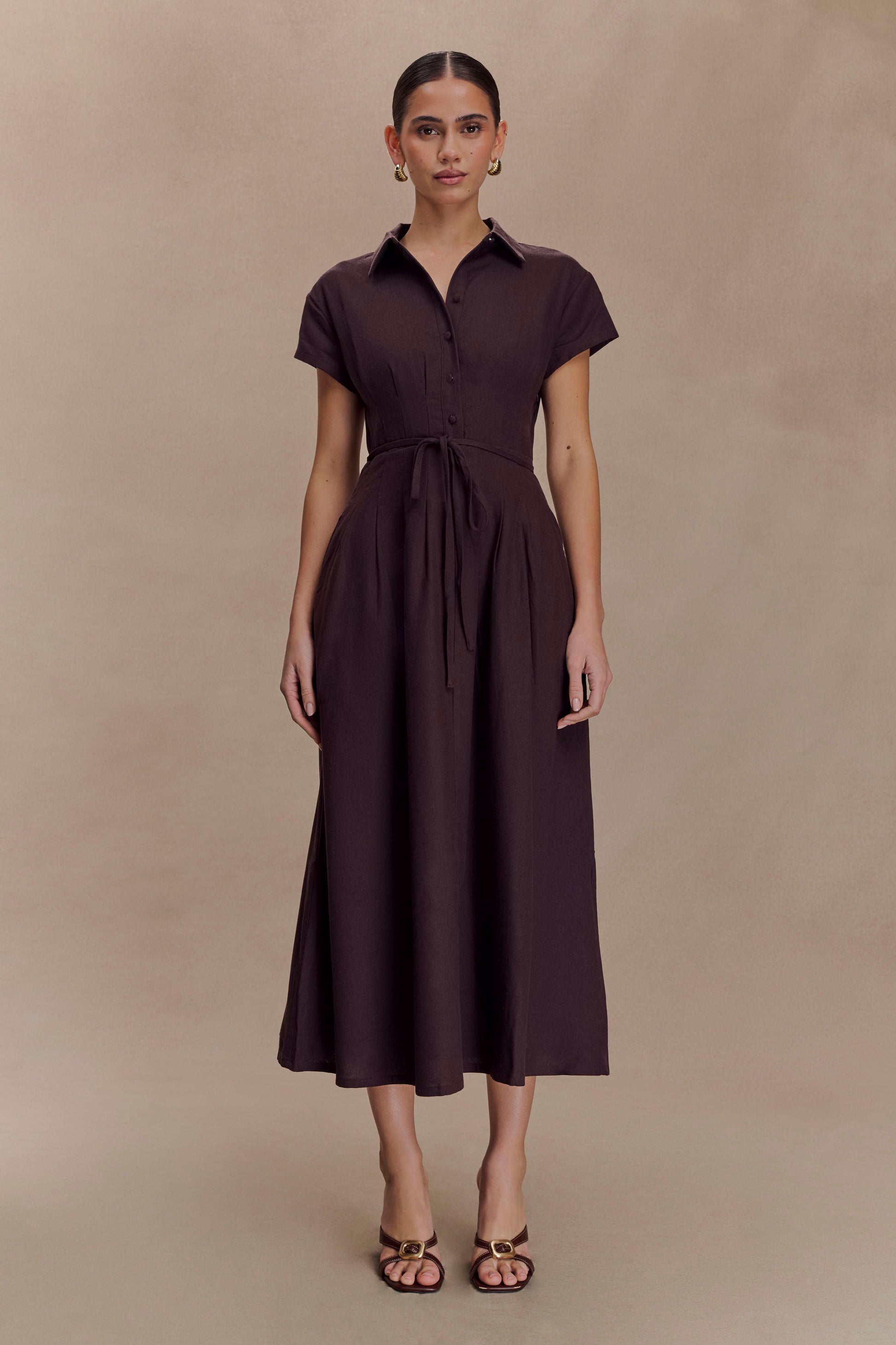 Aysha Buttoned Linen Midi Dress / Chocolate | MESHKI | XXS Aysha Buttoned Linen Midi Dress / Chocolate | MESHKI | XXS
