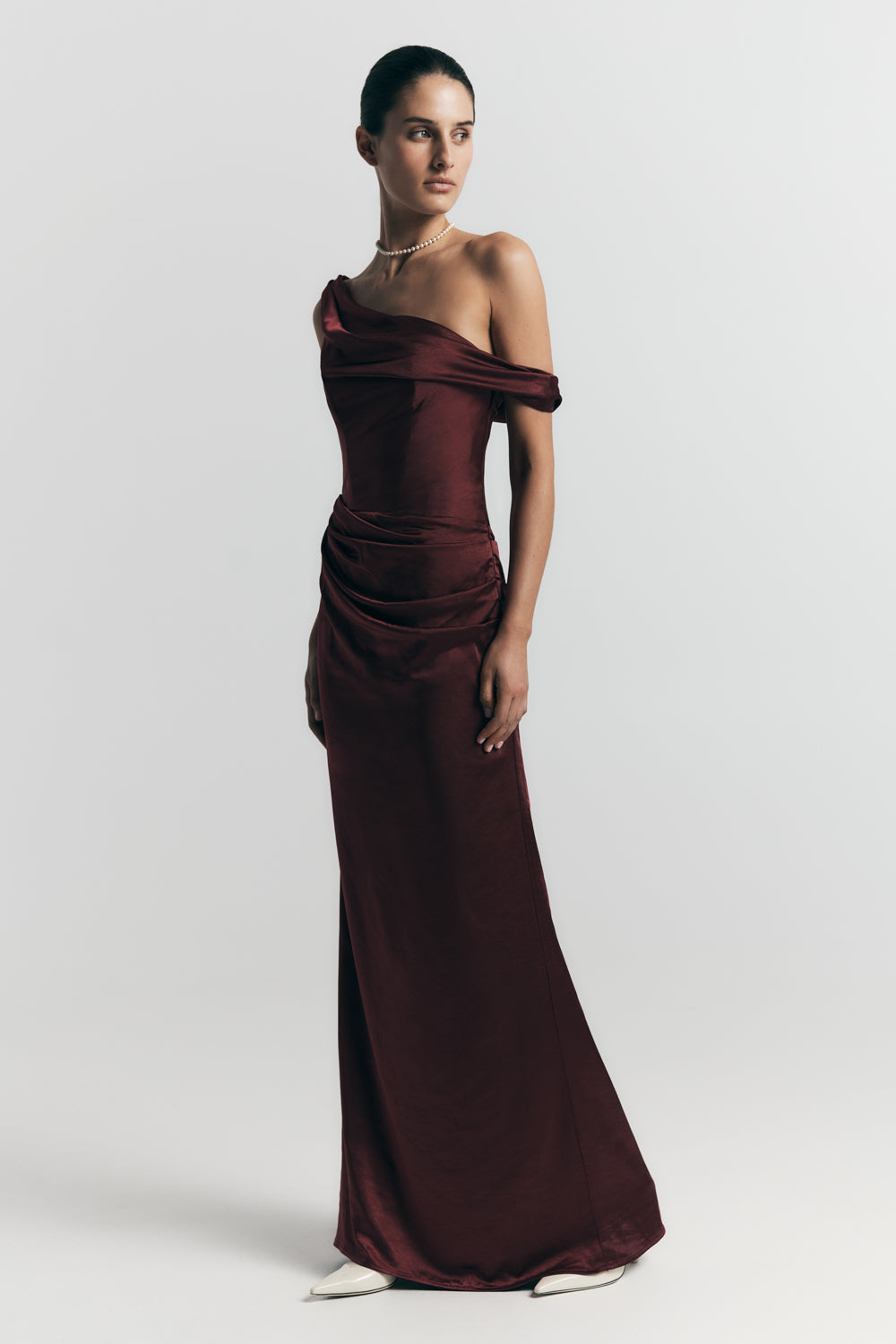 Dalia Off Shoulder Satin Maxi Dress / Mahogany | MESHKI
