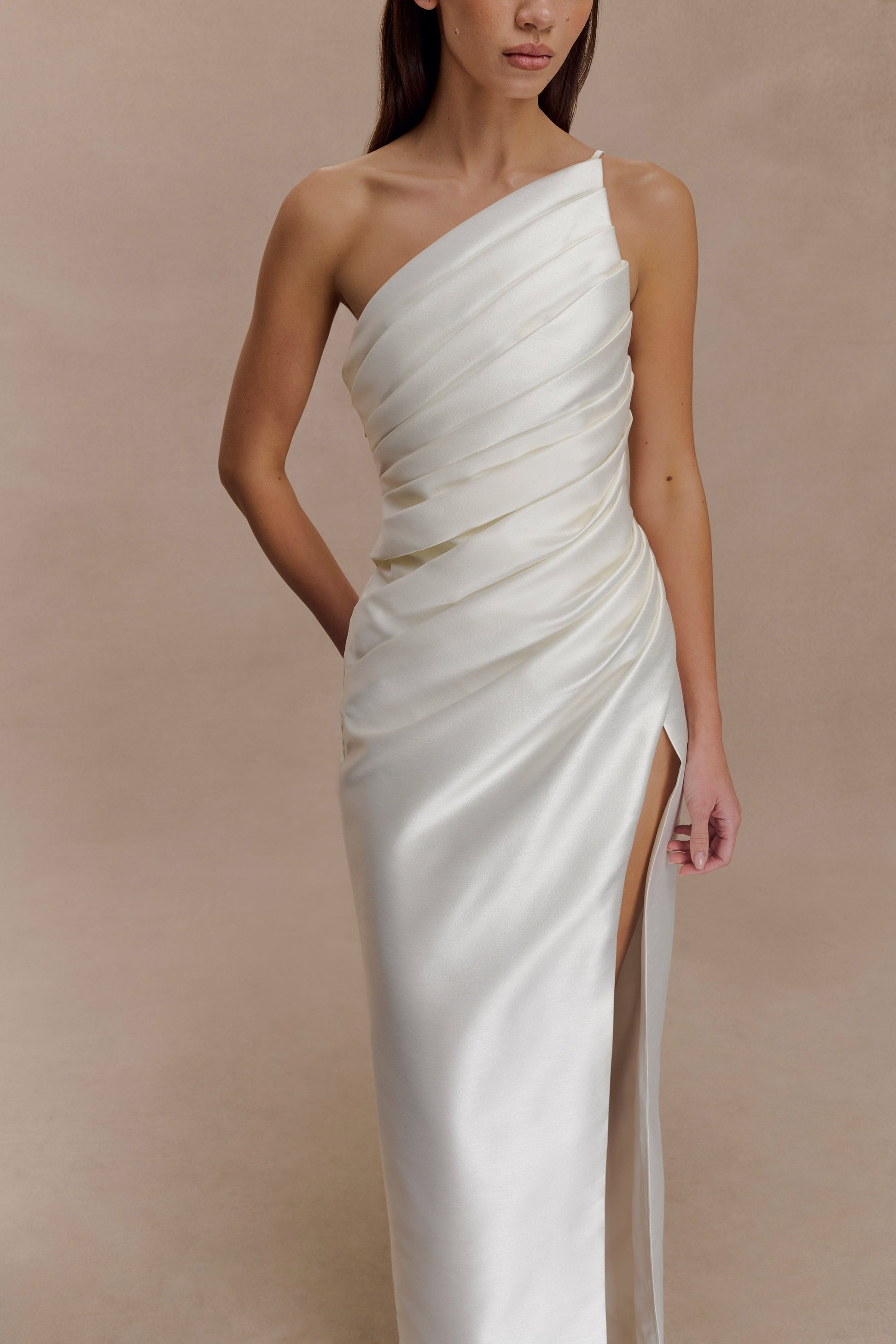 stretch chiffon ivory long one shoulder dress Francine One Shoulder Maxi Dress / Ivory | MESHKI
