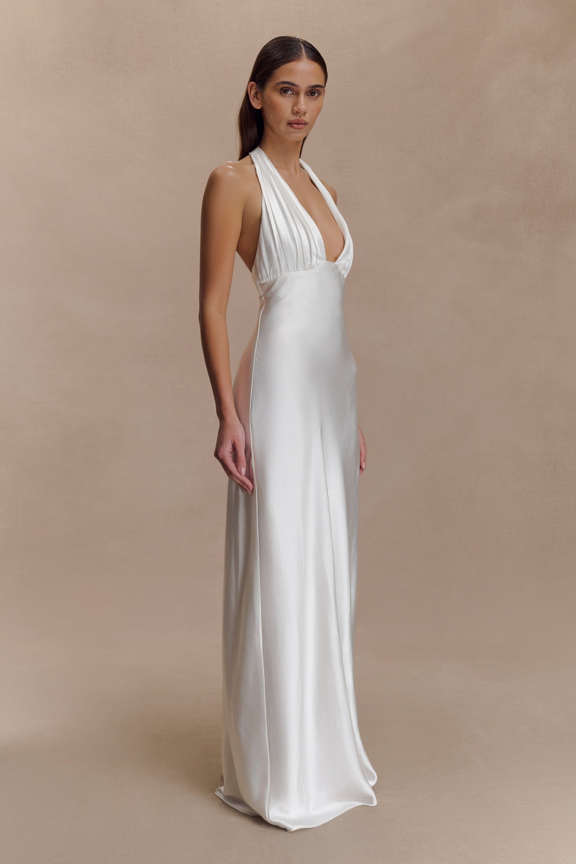 Alice Satin Halter Maxi Dress - White | MESHKI US Alice Satin Halter Maxi Dress - White | MESHKI US