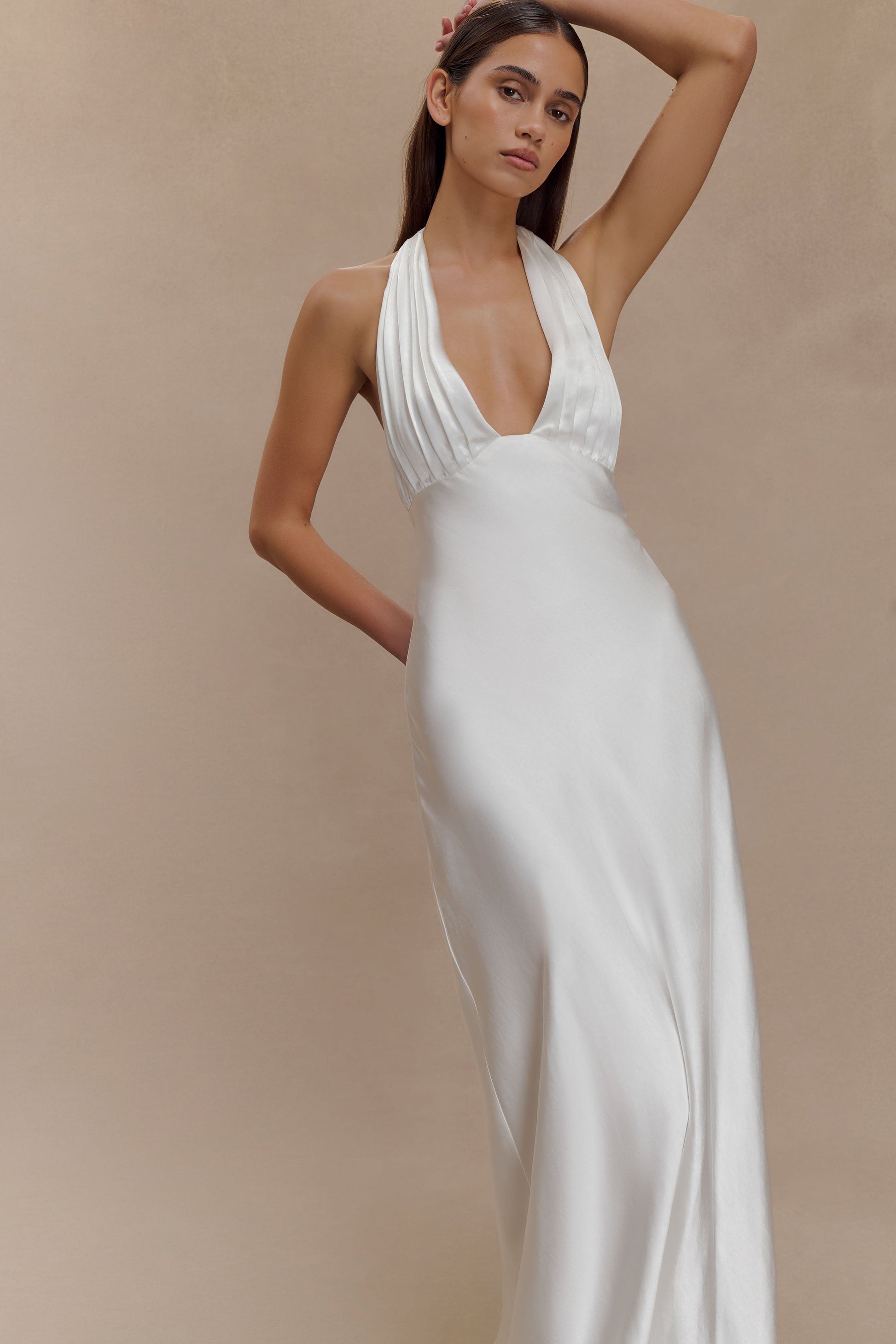 white silk halter dress Steph | Halter-Neck Tailored Maxi ensuring you make a lasting impression wherever you go. White Halter Neck Embellished Dress