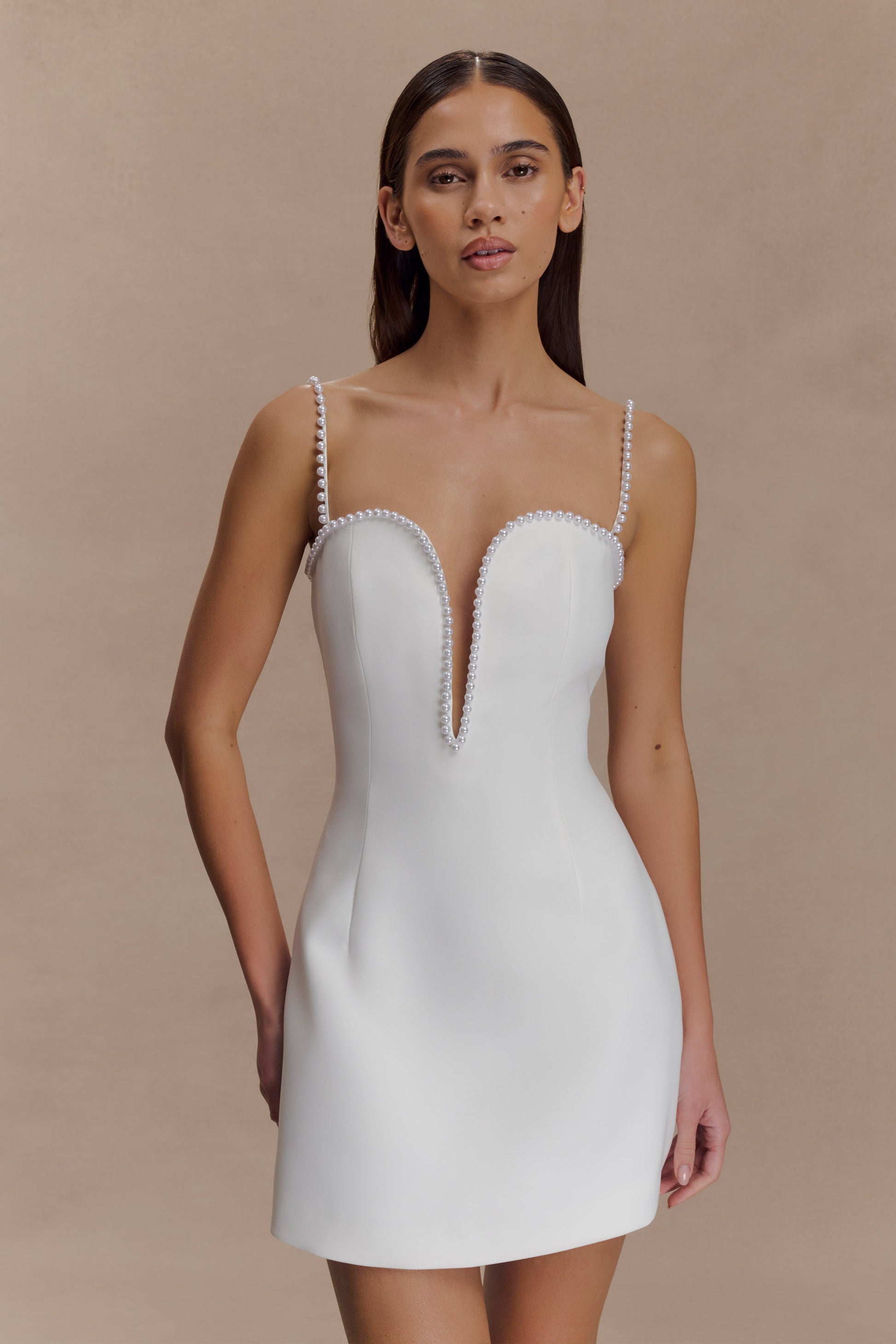 Kingsley Beaded Neckline Mini Dress / Ivory | MESHKI | L Kingsley Beaded Neckline Mini Dress / Ivory | MESHKI | L