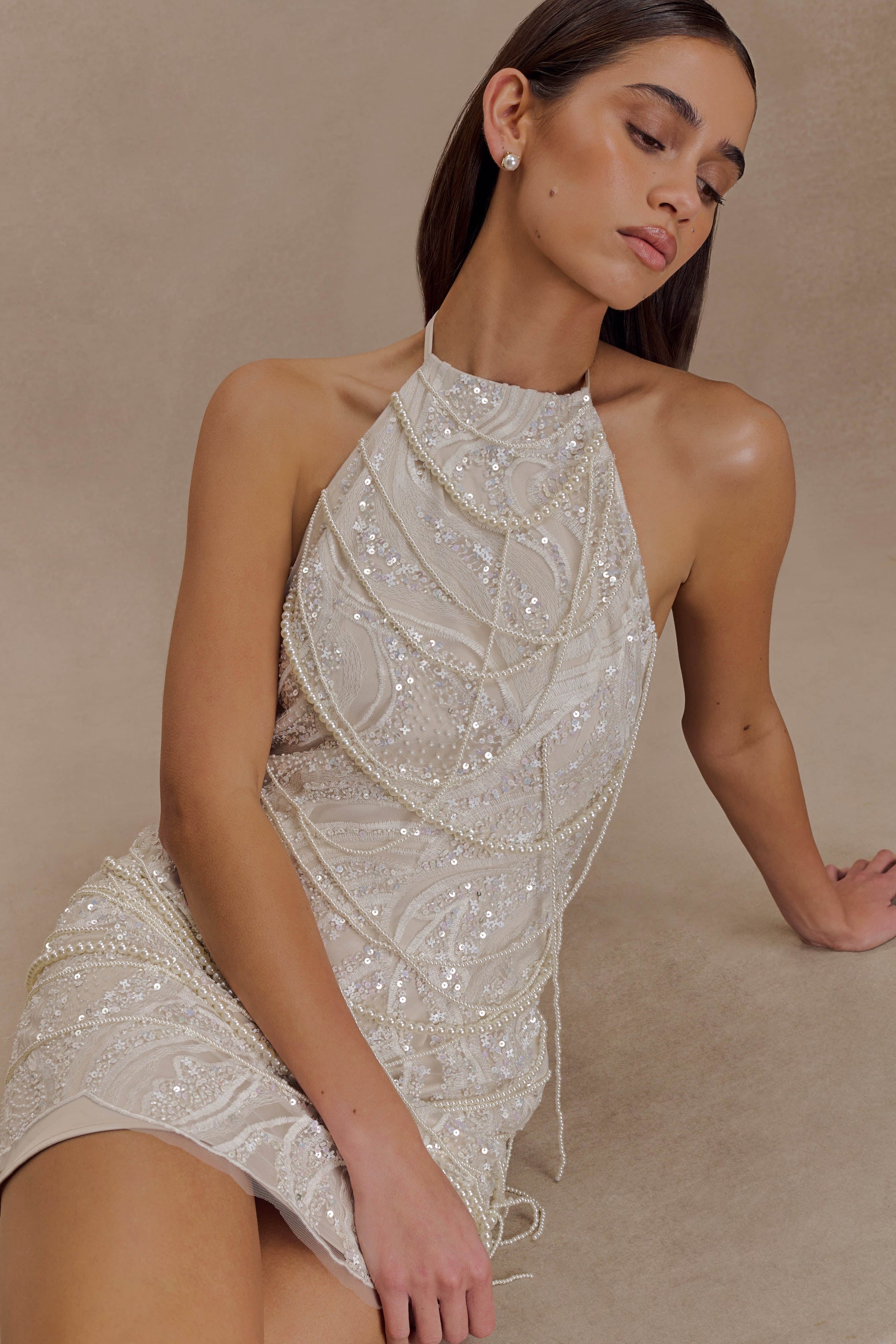 Adora Pearl Halter Mini Dress - White | MESHKI US Adora Pearl Halter Mini Dress - White | MESHKI US