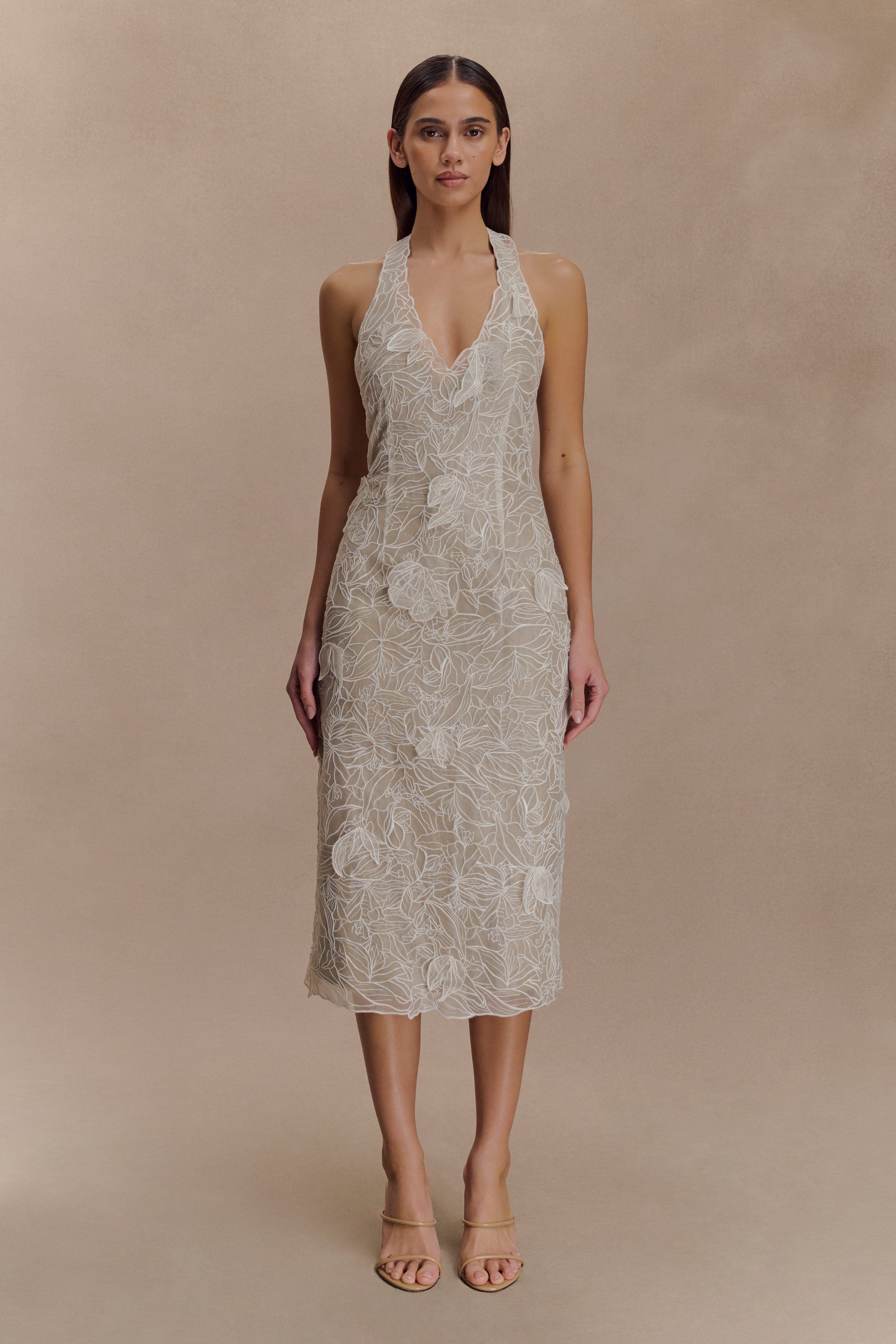Lenore Silk Lace Halter Midi Dress / Ivory | MESHKI | M Lenore Silk Lace Halter Midi Dress / Ivory | MESHKI | M