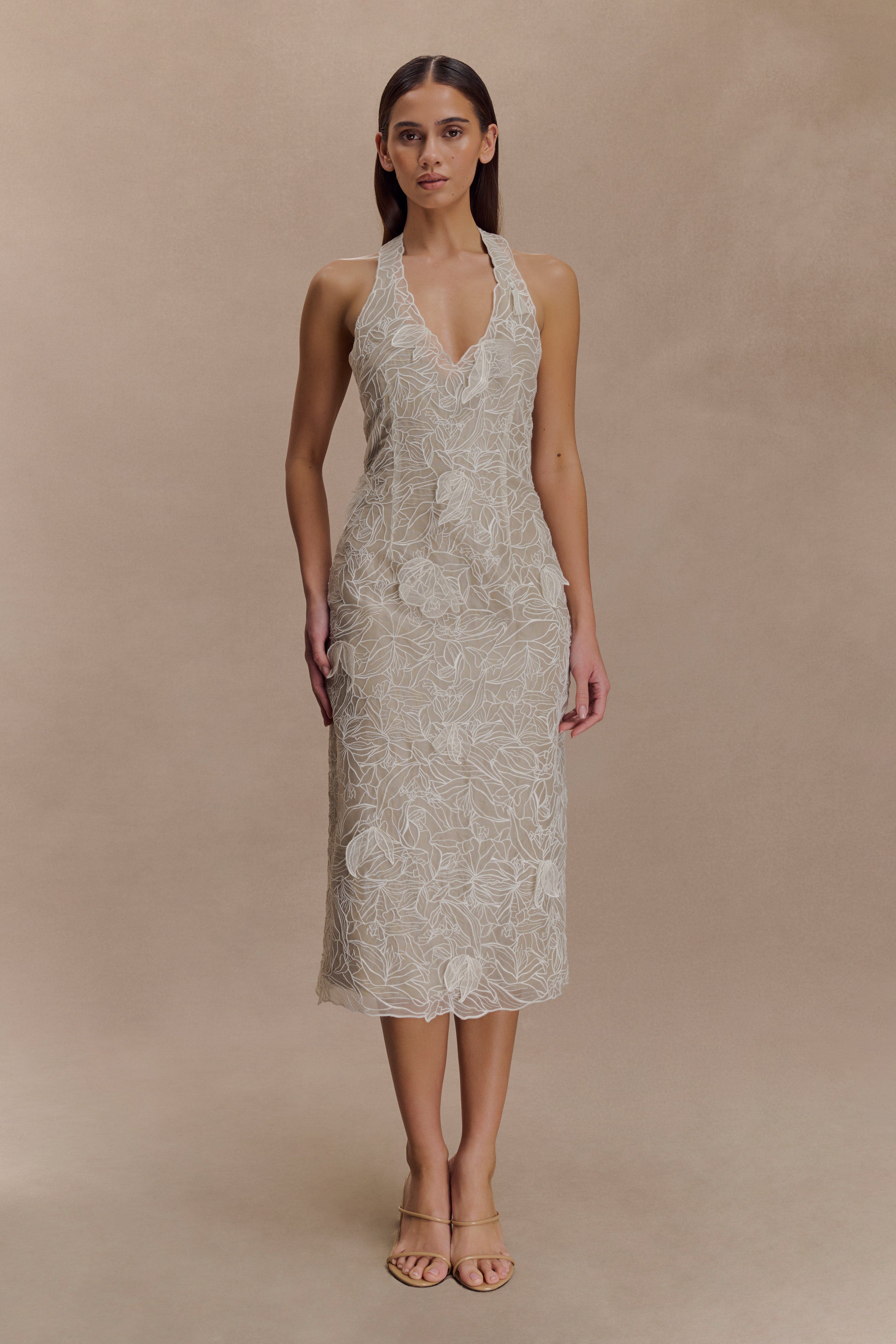 Lenore Silk Lace Halter Midi Dress - Ivory | MESHKI US