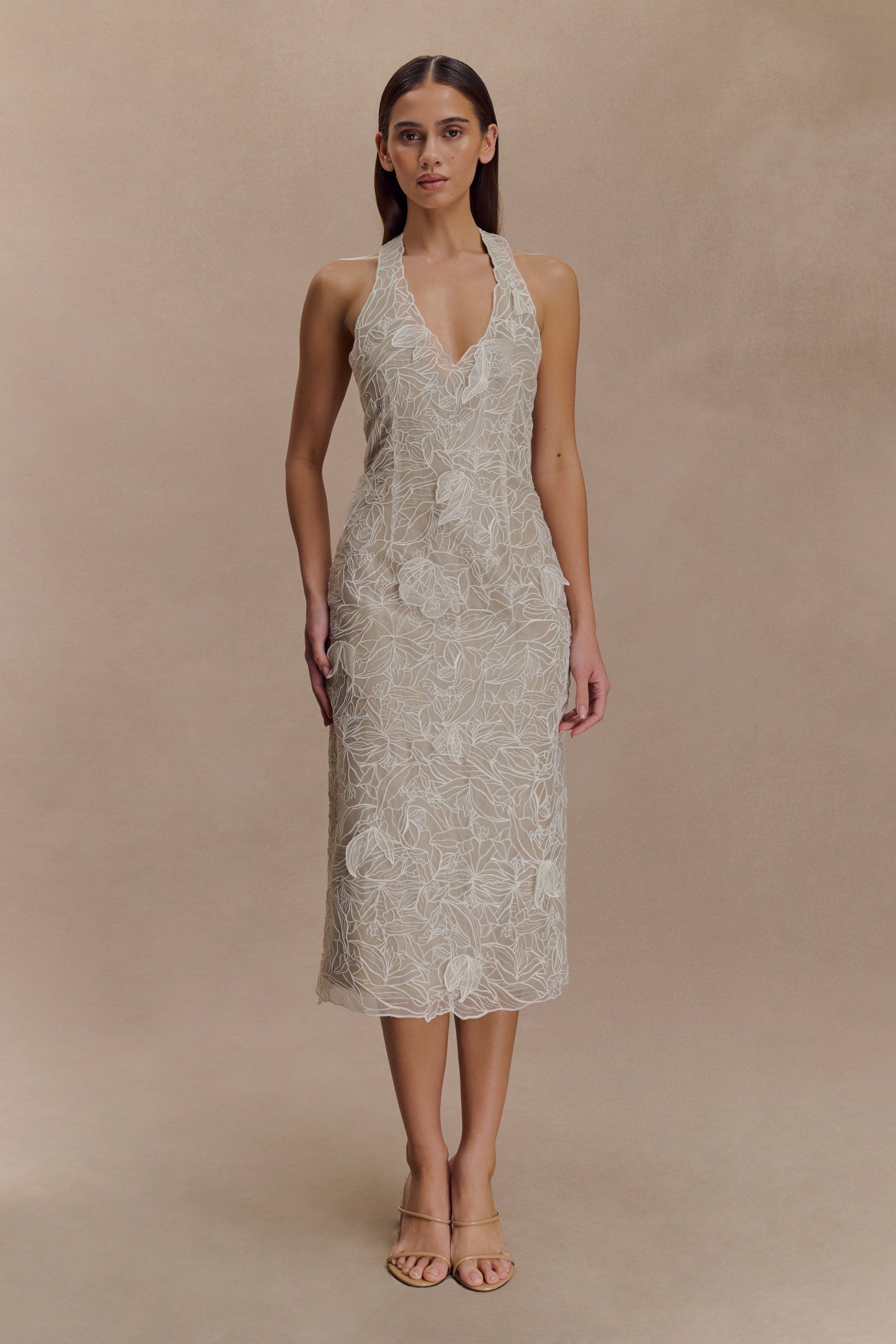 Lenore Silk Lace Halter Midi Dress / Ivory | MESHKI Lenore Silk Lace Halter Midi Dress / Ivory | MESHKI