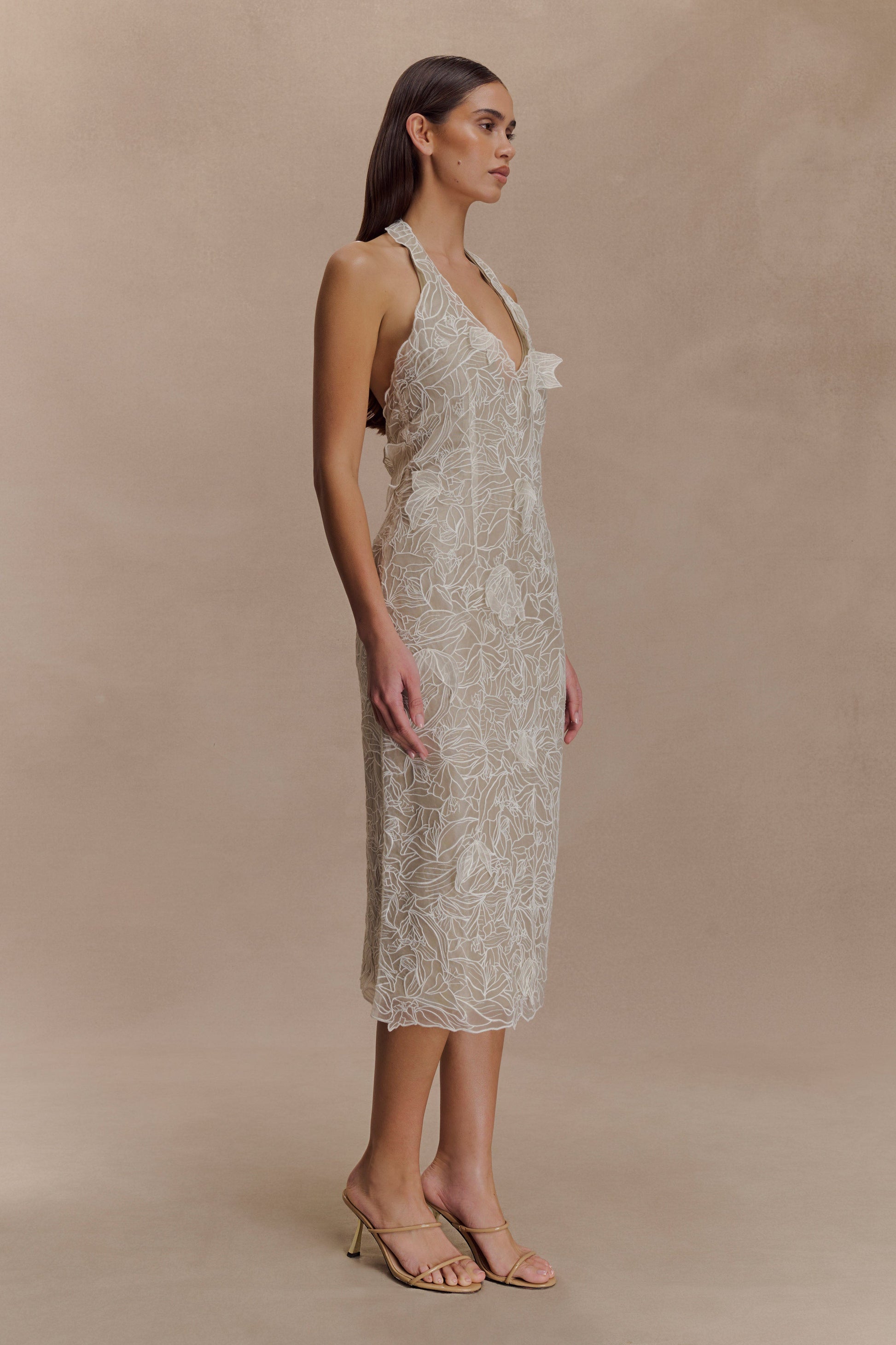 Lenore Silk Lace Halter Midi Dress / Ivory | MESHKI