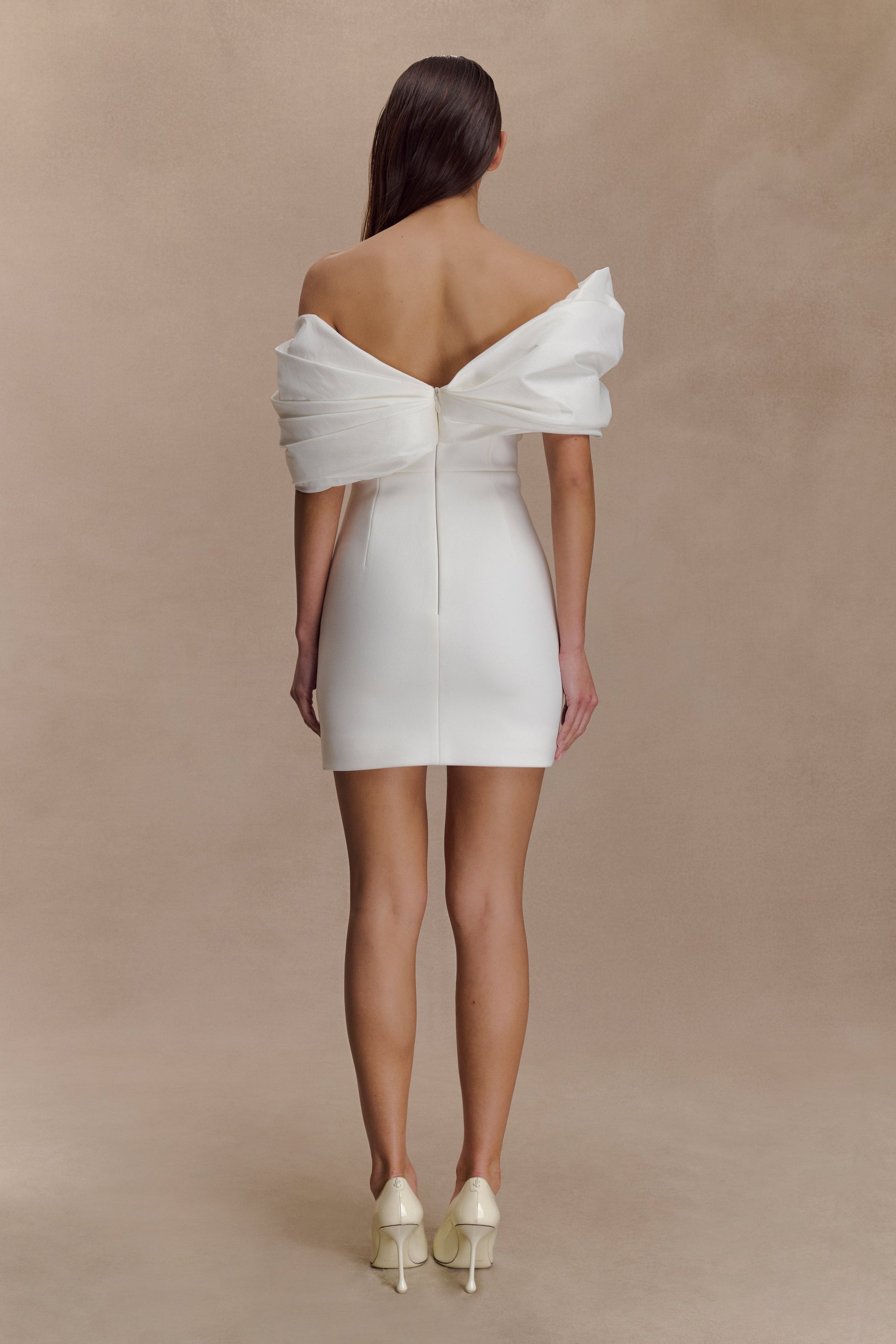 Aphrodite Off Shoulder Crepe Mini Dress / Ivory | MESHKI | XL Aphrodite Off Shoulder Crepe Mini Dress / Ivory | MESHKI | XL