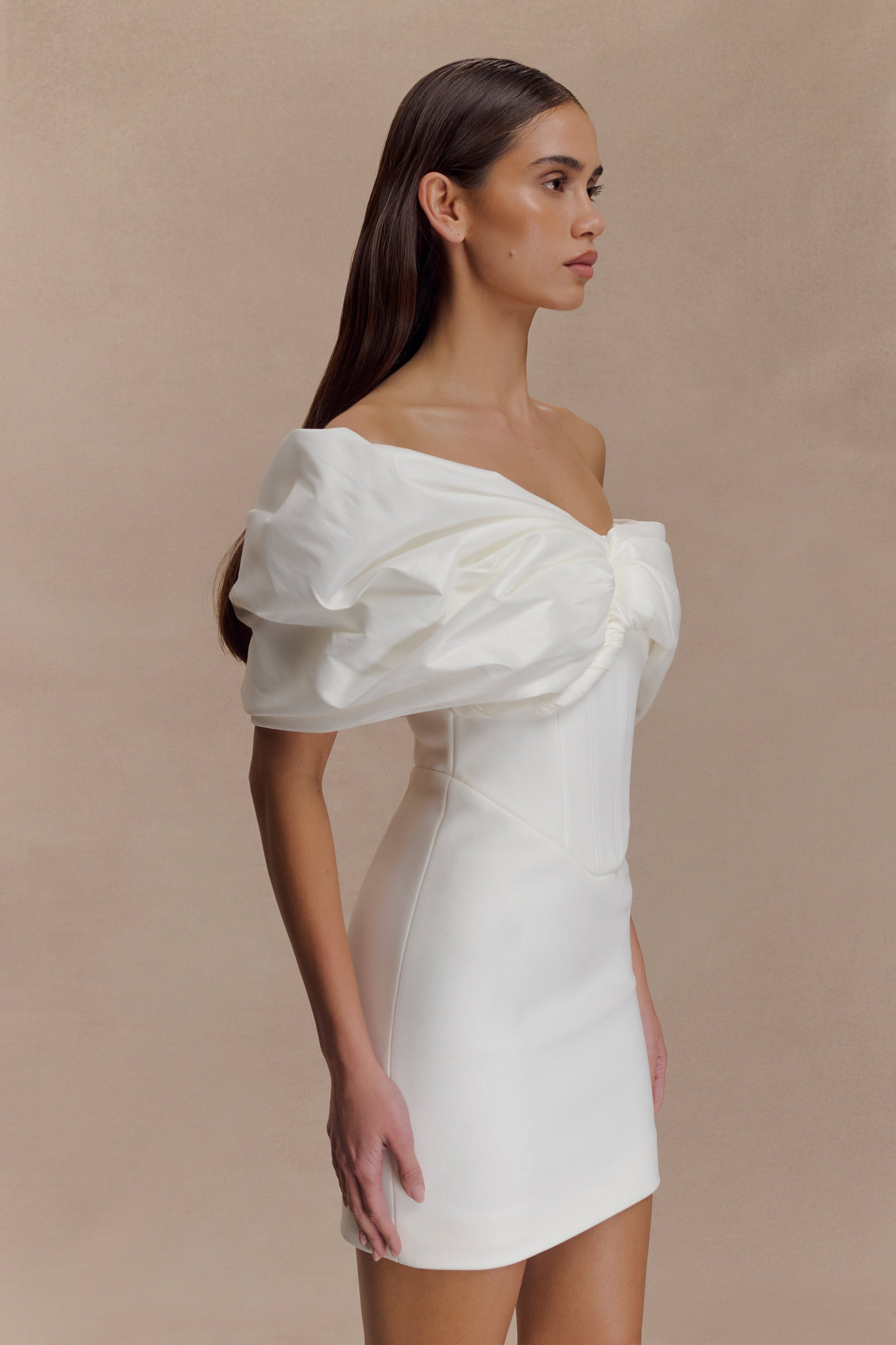 Aphrodite Off Shoulder Crepe Mini Dress