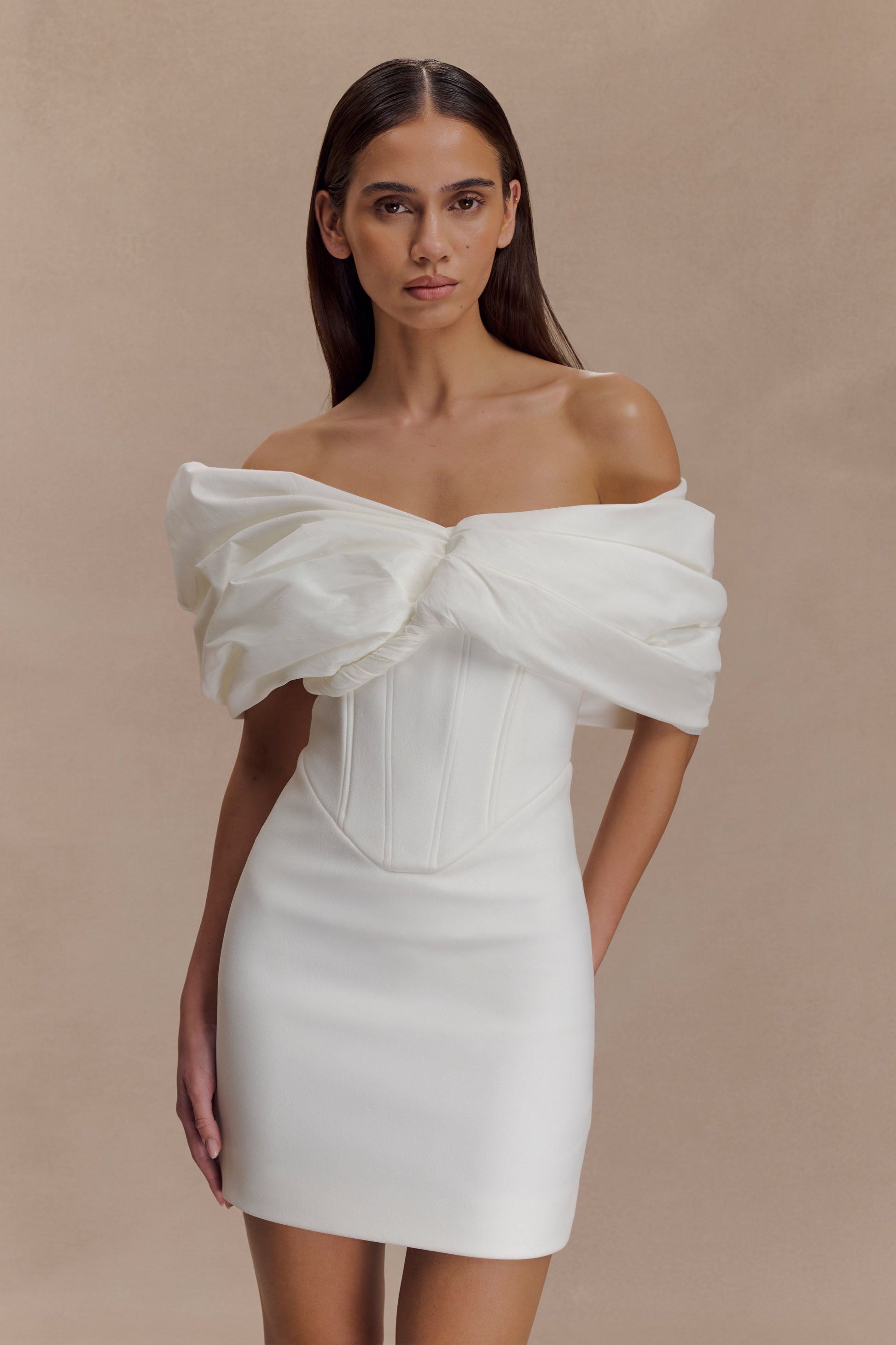 Aphrodite Off Shoulder Crepe Mini Dress / Ivory | MESHKI
