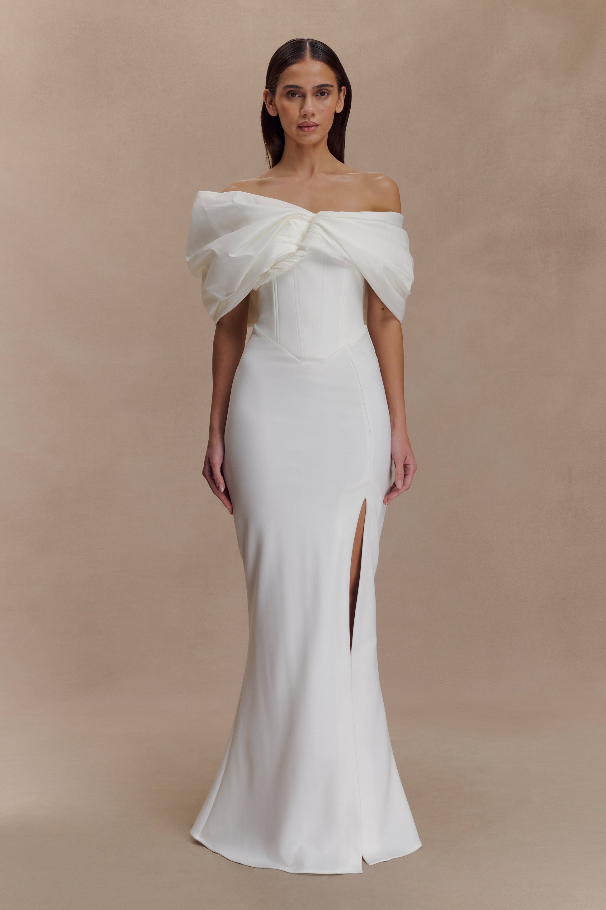 Aphrodite Off Shoulder Crepe Gown - Ivory | MESHKI US Aphrodite Off Shoulder Crepe Gown - Ivory | MESHKI US