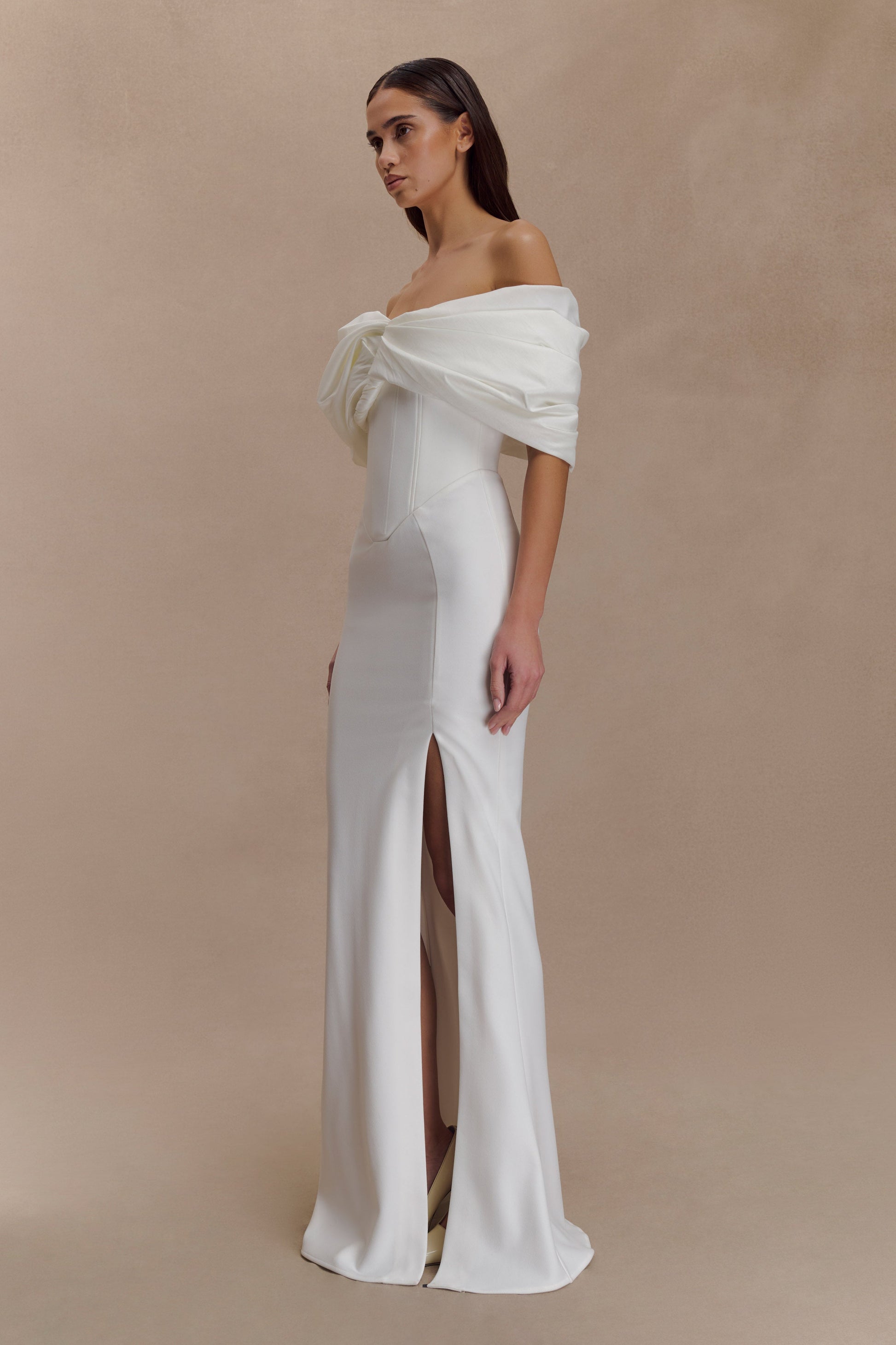 Aphrodite Off Shoulder Crepe Gown - Ivory | MESHKI US Aphrodite Off Shoulder Crepe Gown - Ivory | MESHKI US