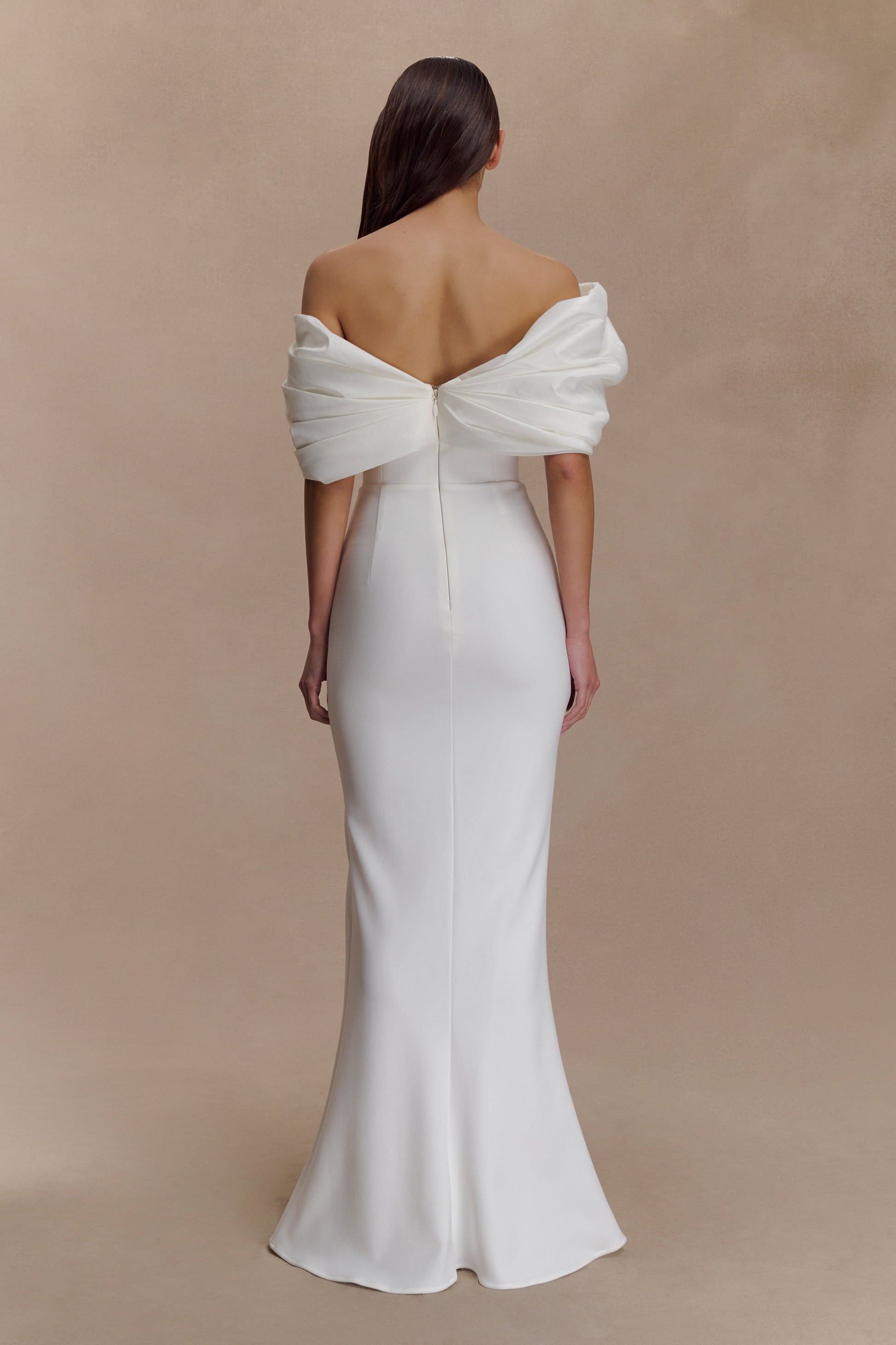 Aphrodite Off Shoulder Crepe Gown - Ivory | MESHKI US Aphrodite Off Shoulder Crepe Gown - Ivory | MESHKI US