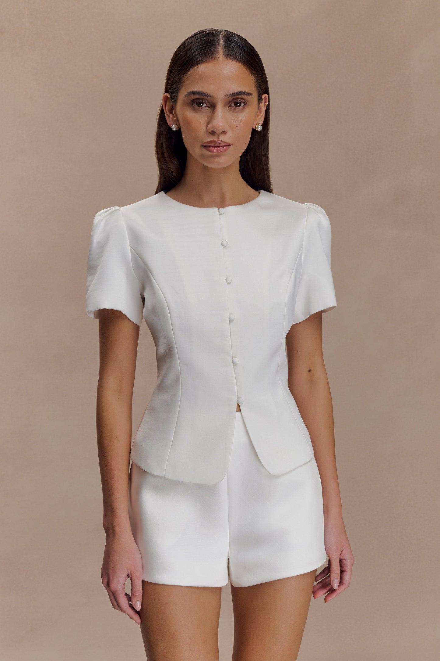 Anne Short Sleeve Satin Top - White