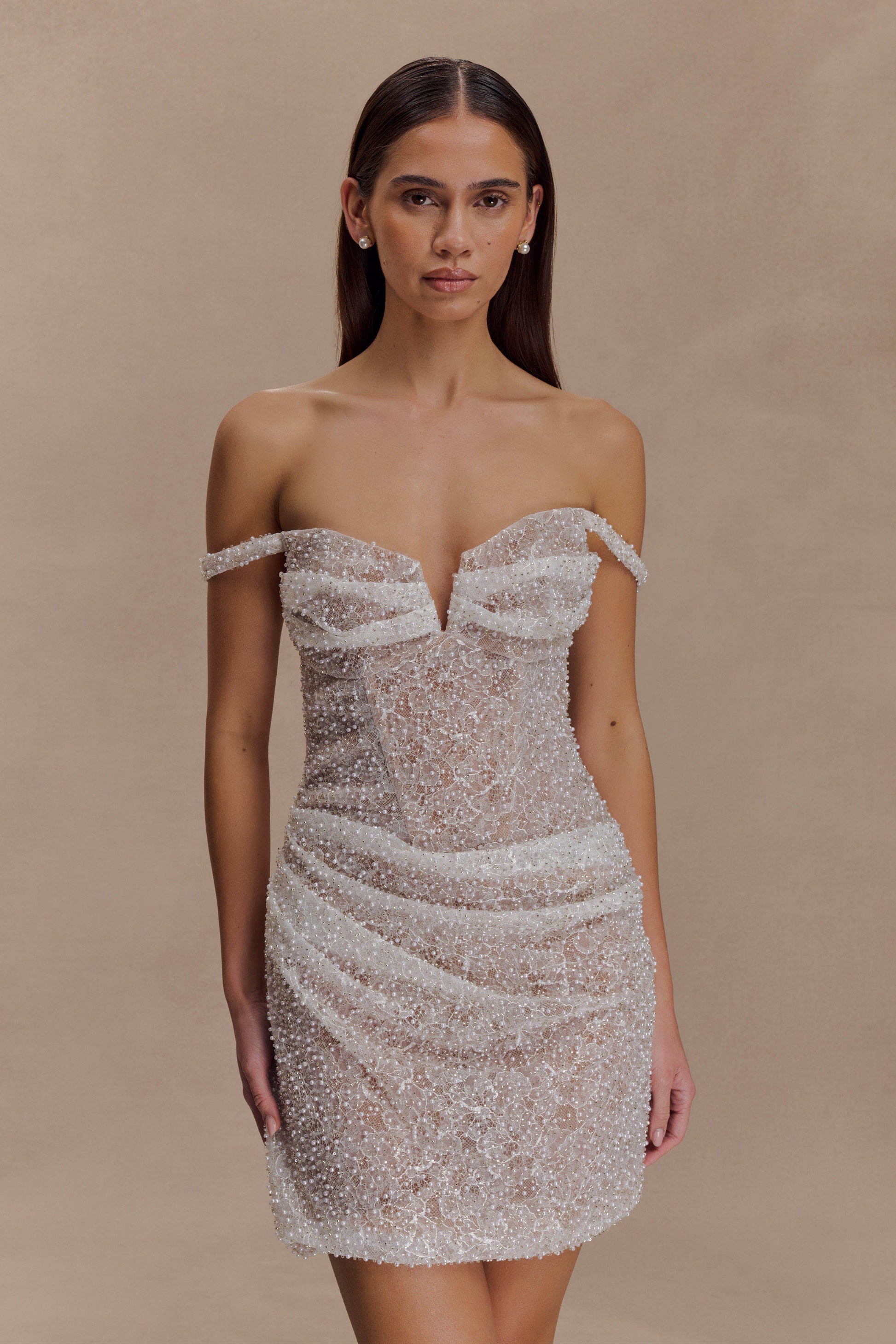 Connie Beaded Bodycon Mini Dress / Nude | MESHKI