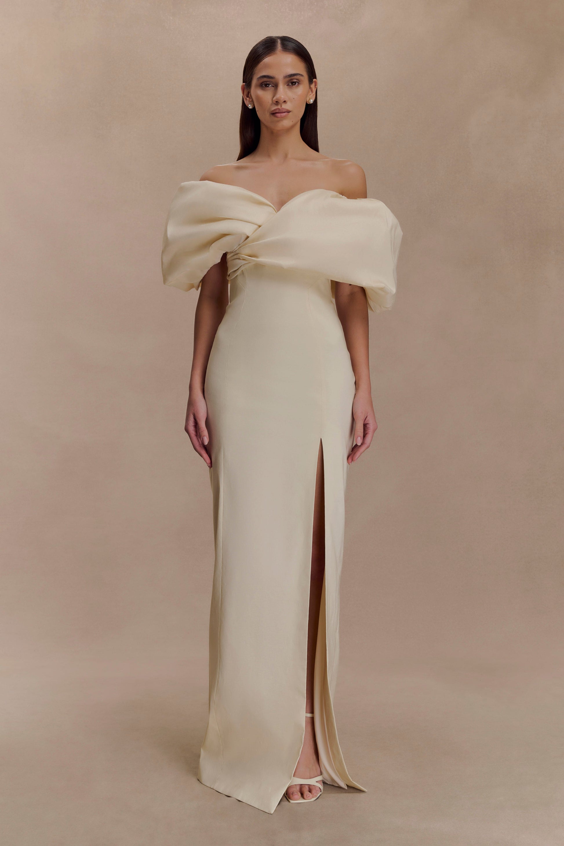 Angelica Taffeta Off Shoulder Bridal Gown / Soft Beige | MESHKI | S Angelica Taffeta Off Shoulder Bridal Gown / Soft Beige | MESHKI | S