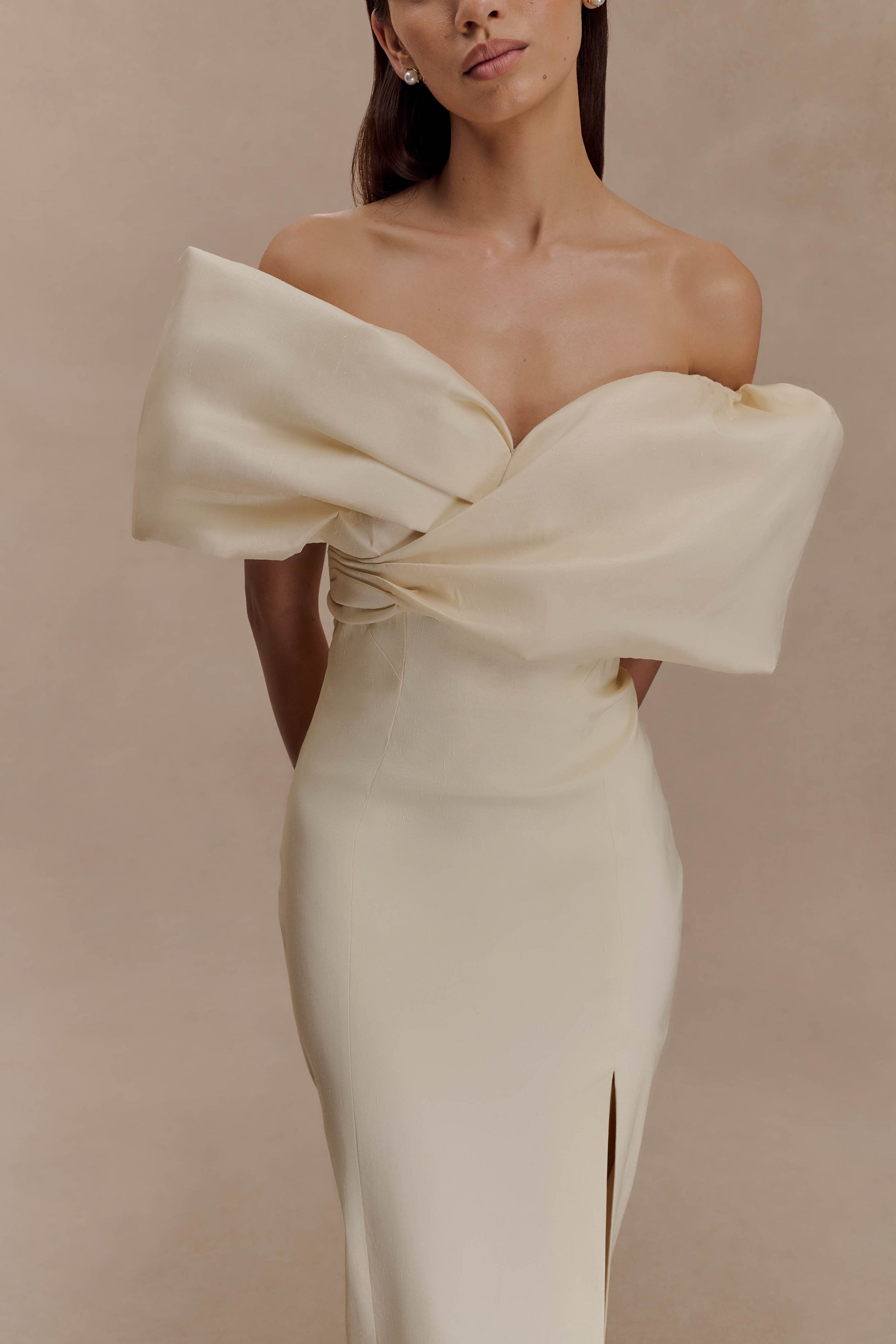 Angelica Taffeta Off Shoulder Bridal Gown / Soft Beige | MESHKI | S Angelica Taffeta Off Shoulder Bridal Gown / Soft Beige | MESHKI | S