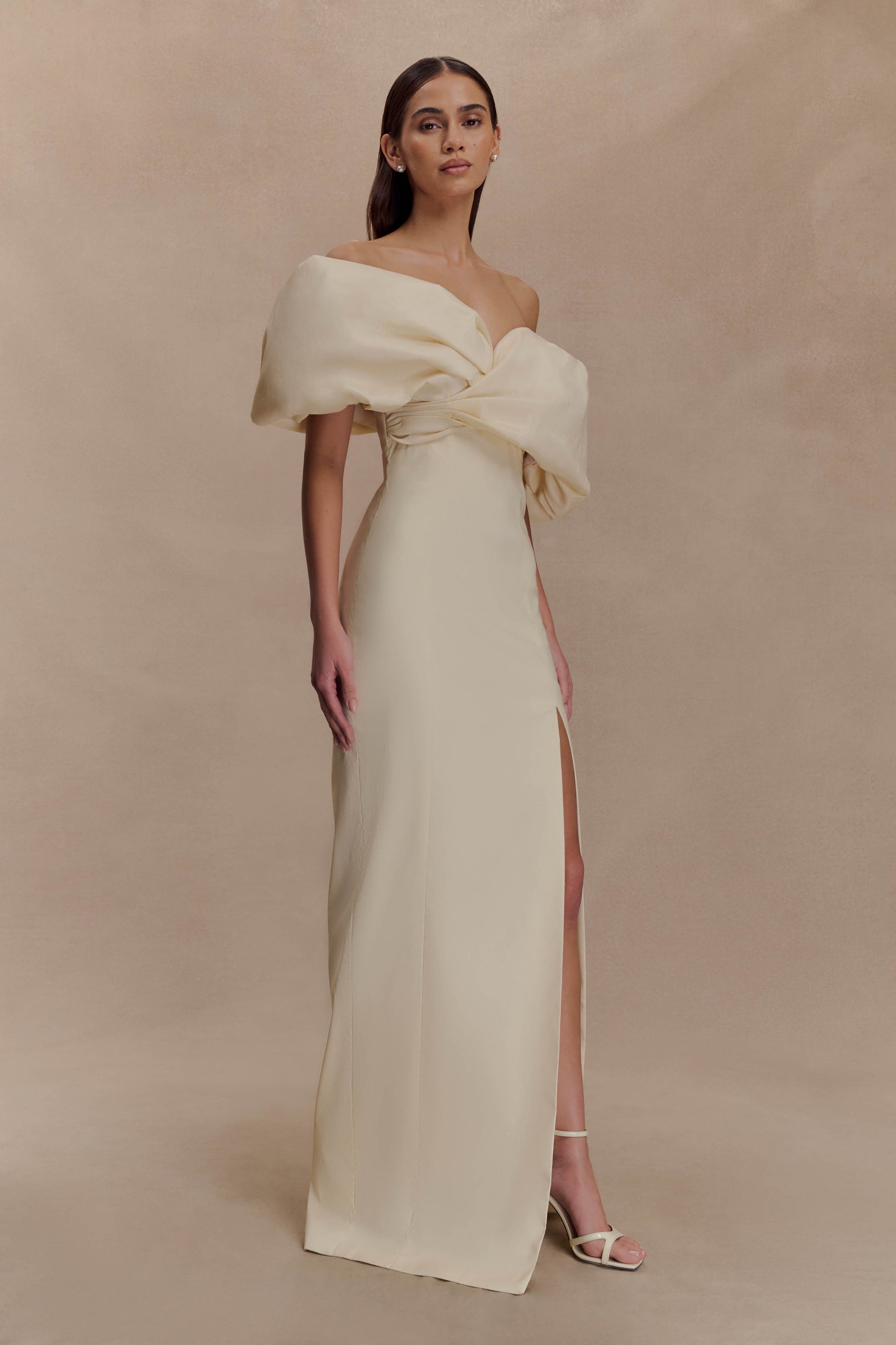 Angelica Taffeta Off Shoulder Bridal Gown / Soft Beige | MESHKI