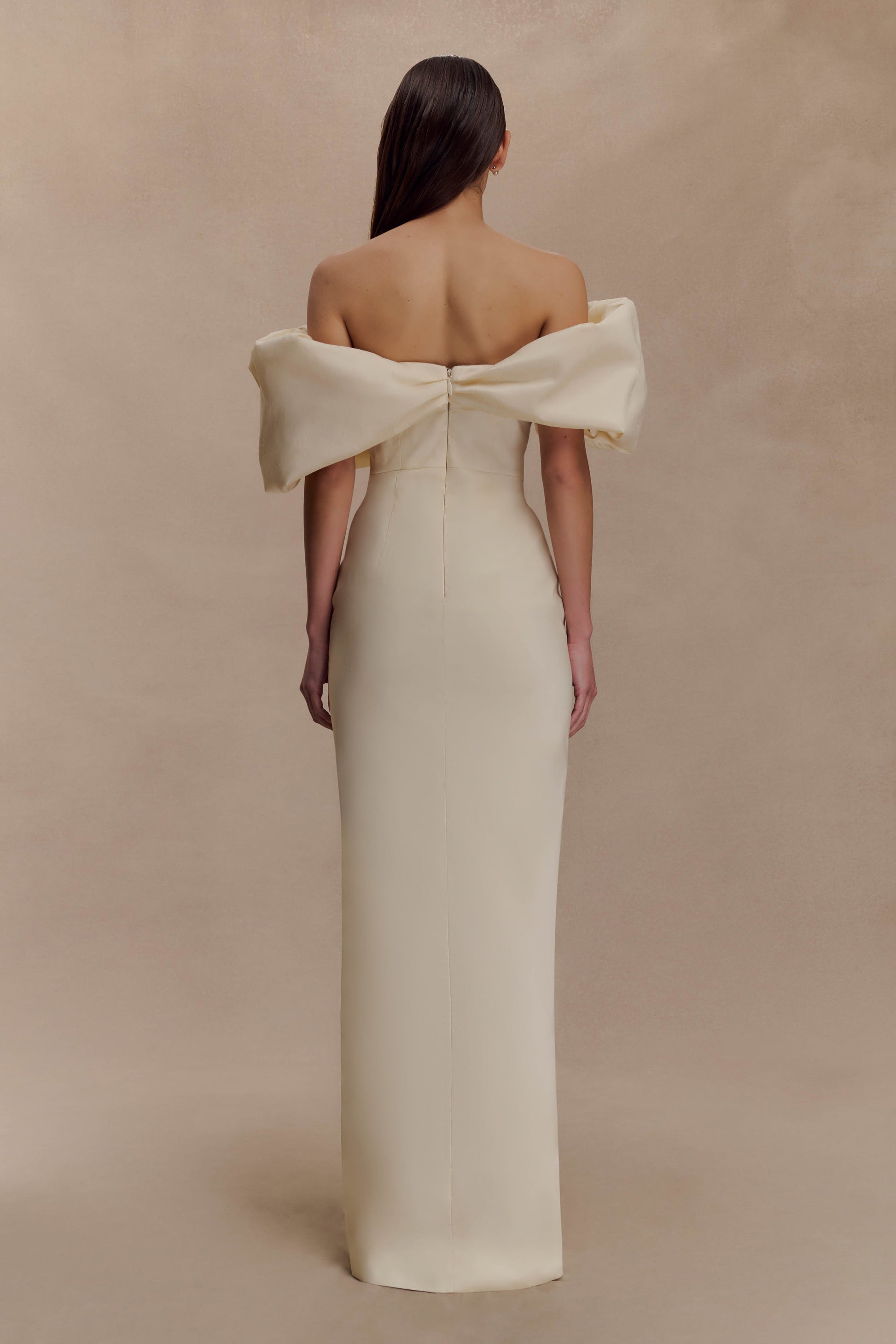 Angelica Taffeta Off Shoulder Bridal Gown / Soft Beige | MESHKI