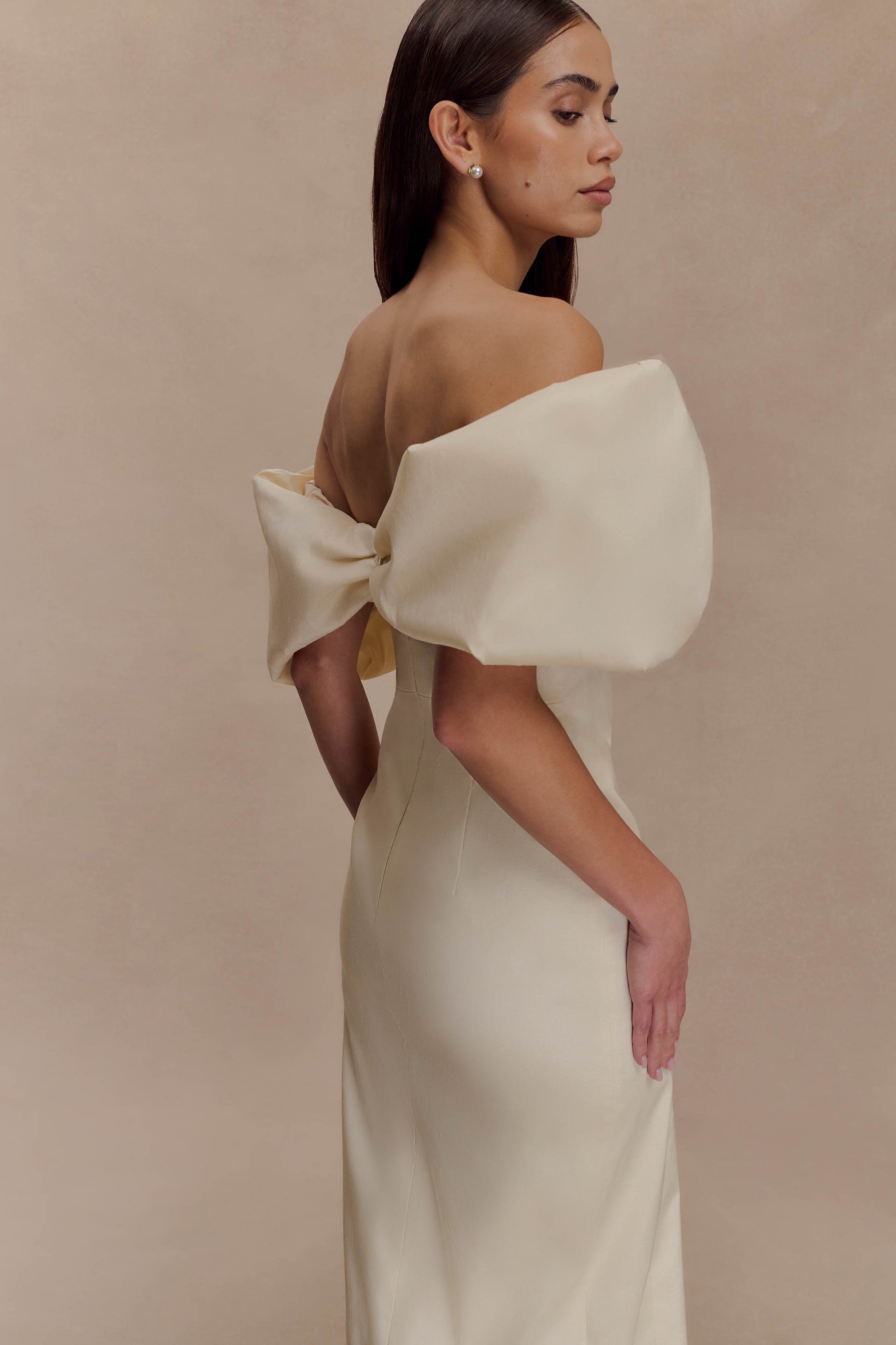 Angelica Taffeta Off Shoulder Bridal Gown / Soft Beige | MESHKI