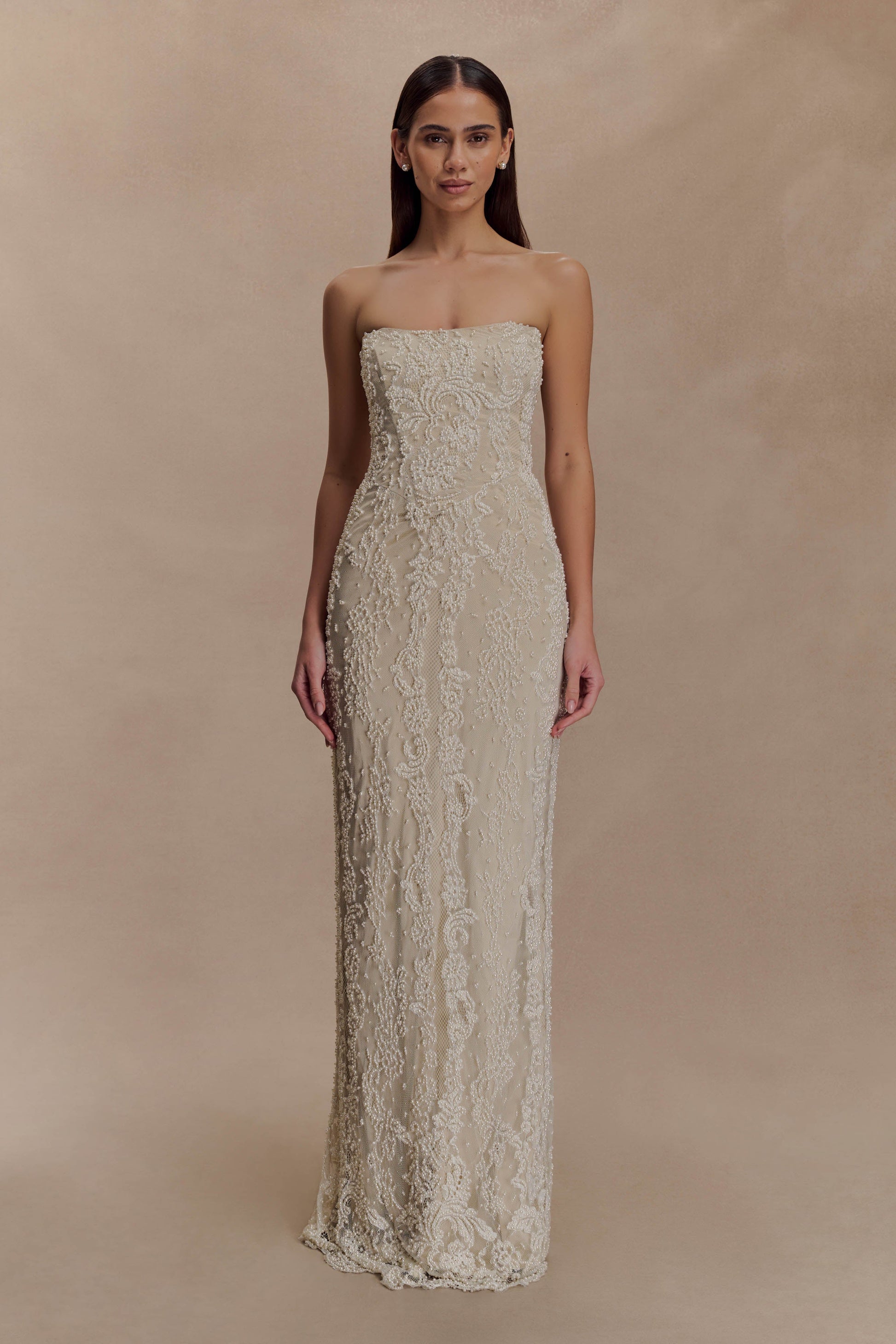 Eva Hand Beaded Pearl & Lace Maxi Dress - White | MESHKI US Eva Hand Beaded Pearl & Lace Maxi Dress - White | MESHKI US