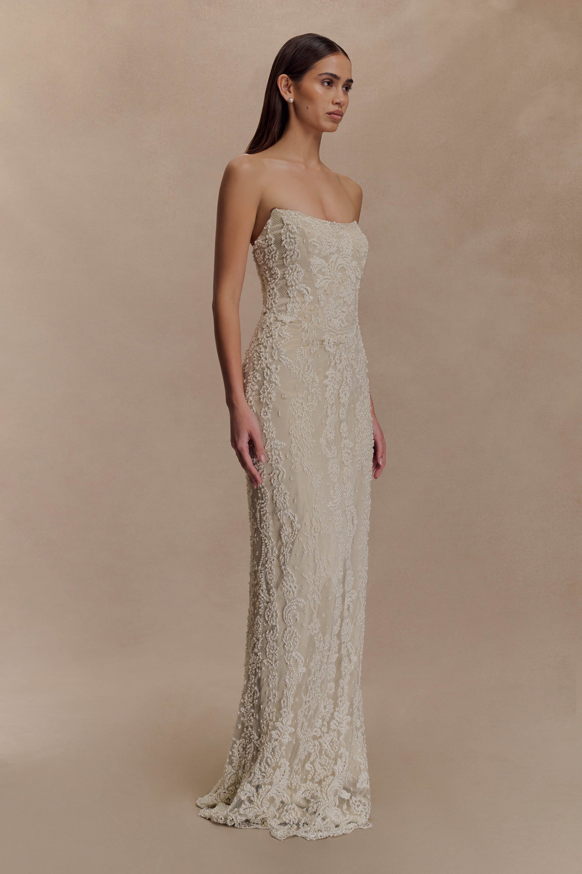 Eva Hand Beaded Pearl & Lace Maxi Dress - White | MESHKI US Eva Hand Beaded Pearl & Lace Maxi Dress - White | MESHKI US