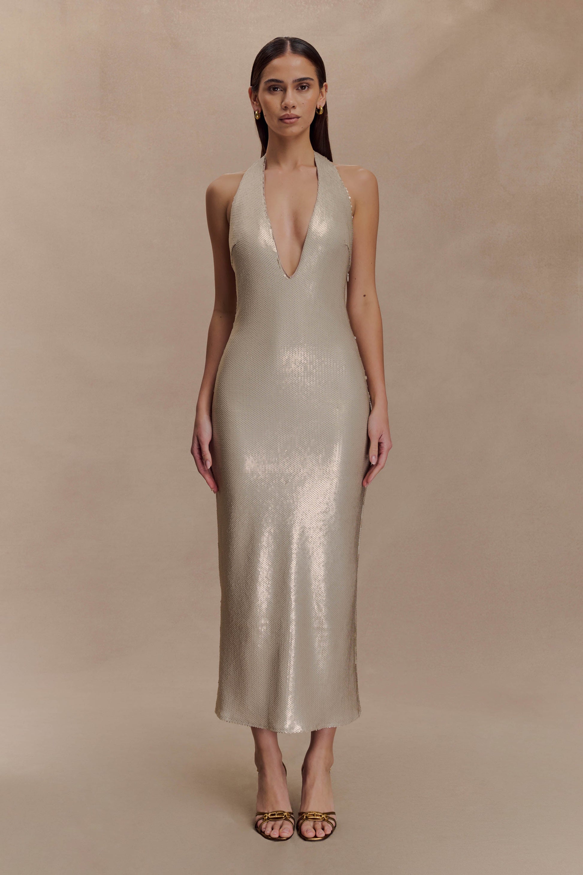Carnation Sequin Halter Midi Dress - Gold | MESHKI US Carnation Sequin Halter Midi Dress - Gold | MESHKI US