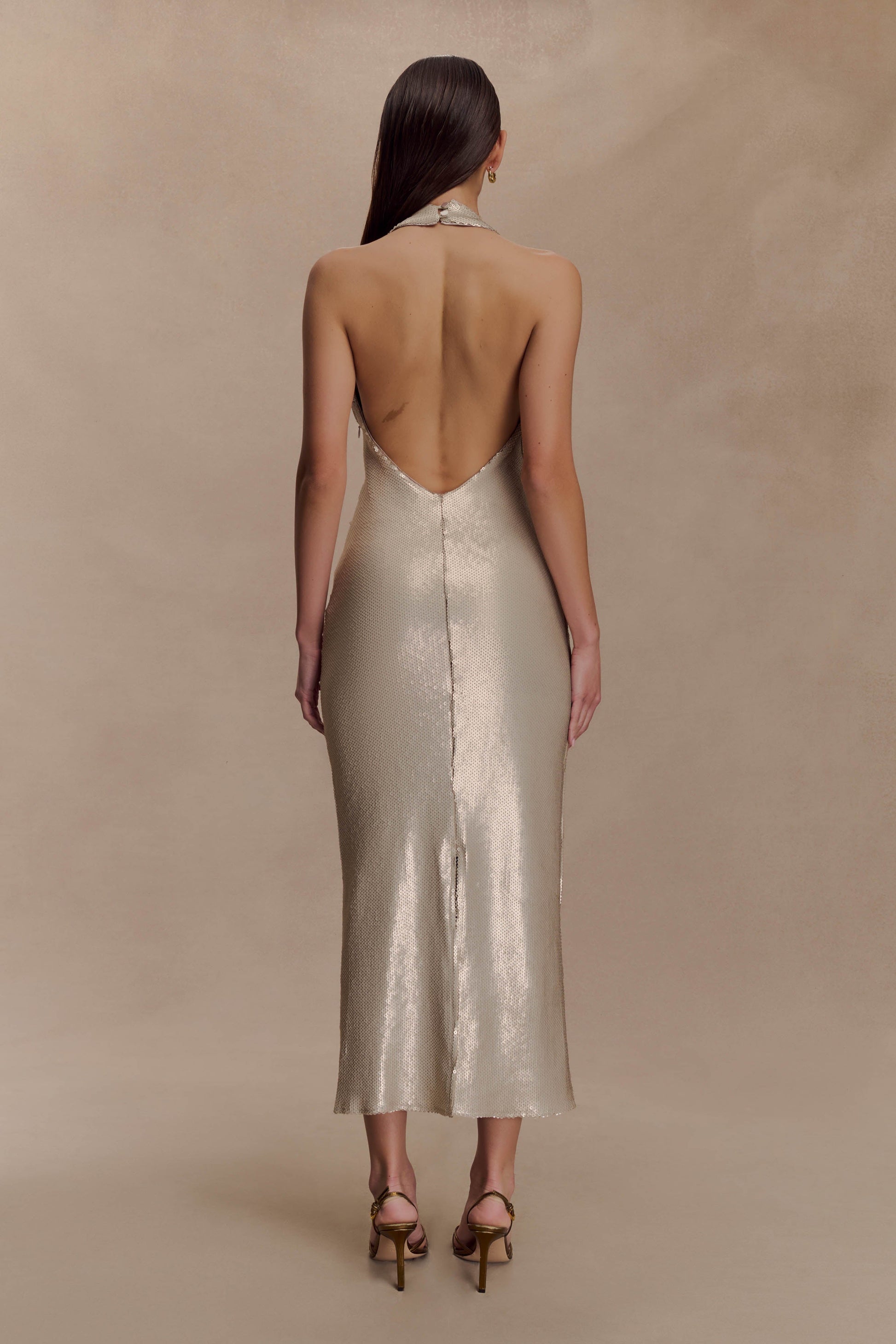 Carnation Sequin Halter Midi Dress - Gold #2