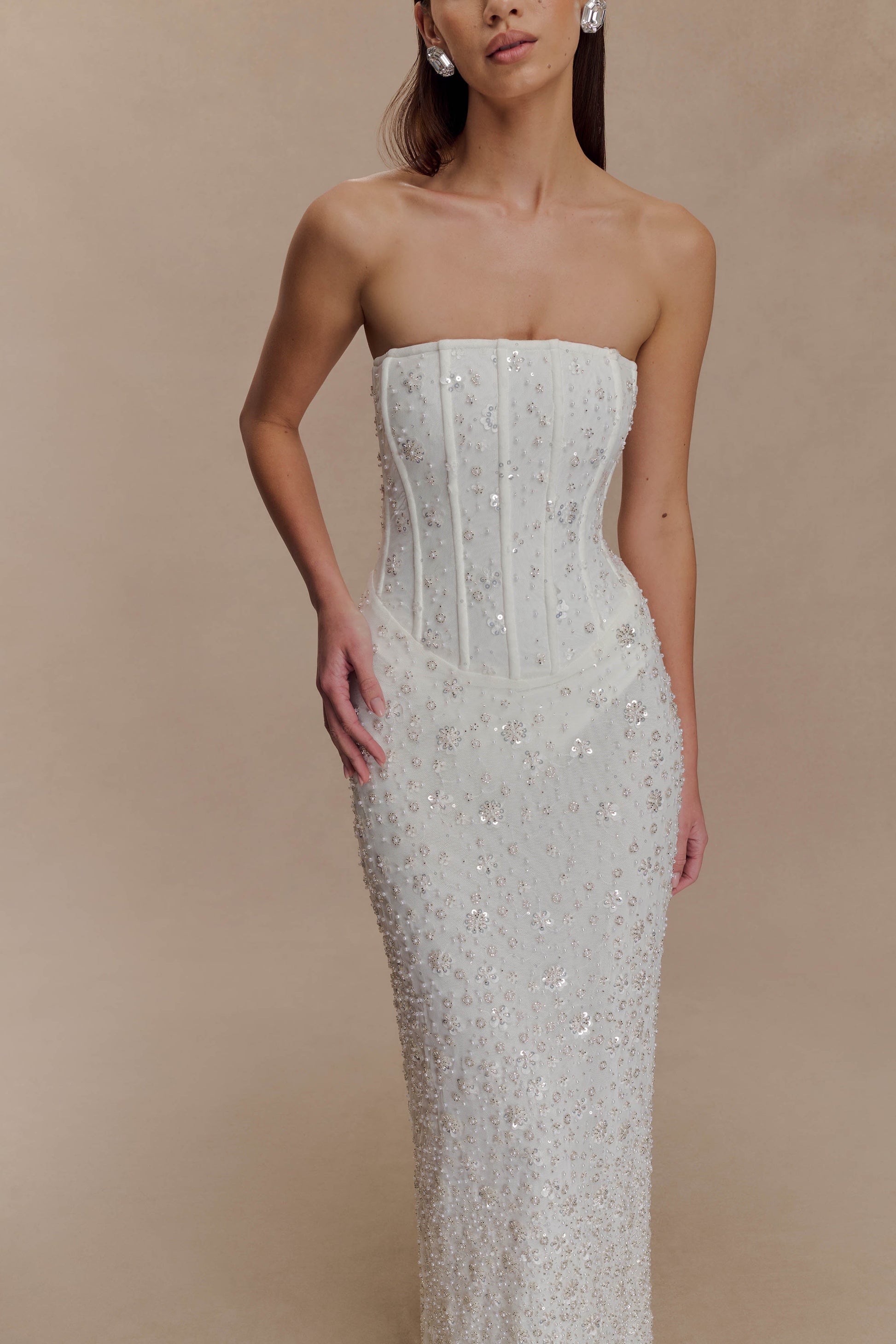 ivory embellished maxi dress Long Sleeve Embellished Neckline Maxi Dress Ivory