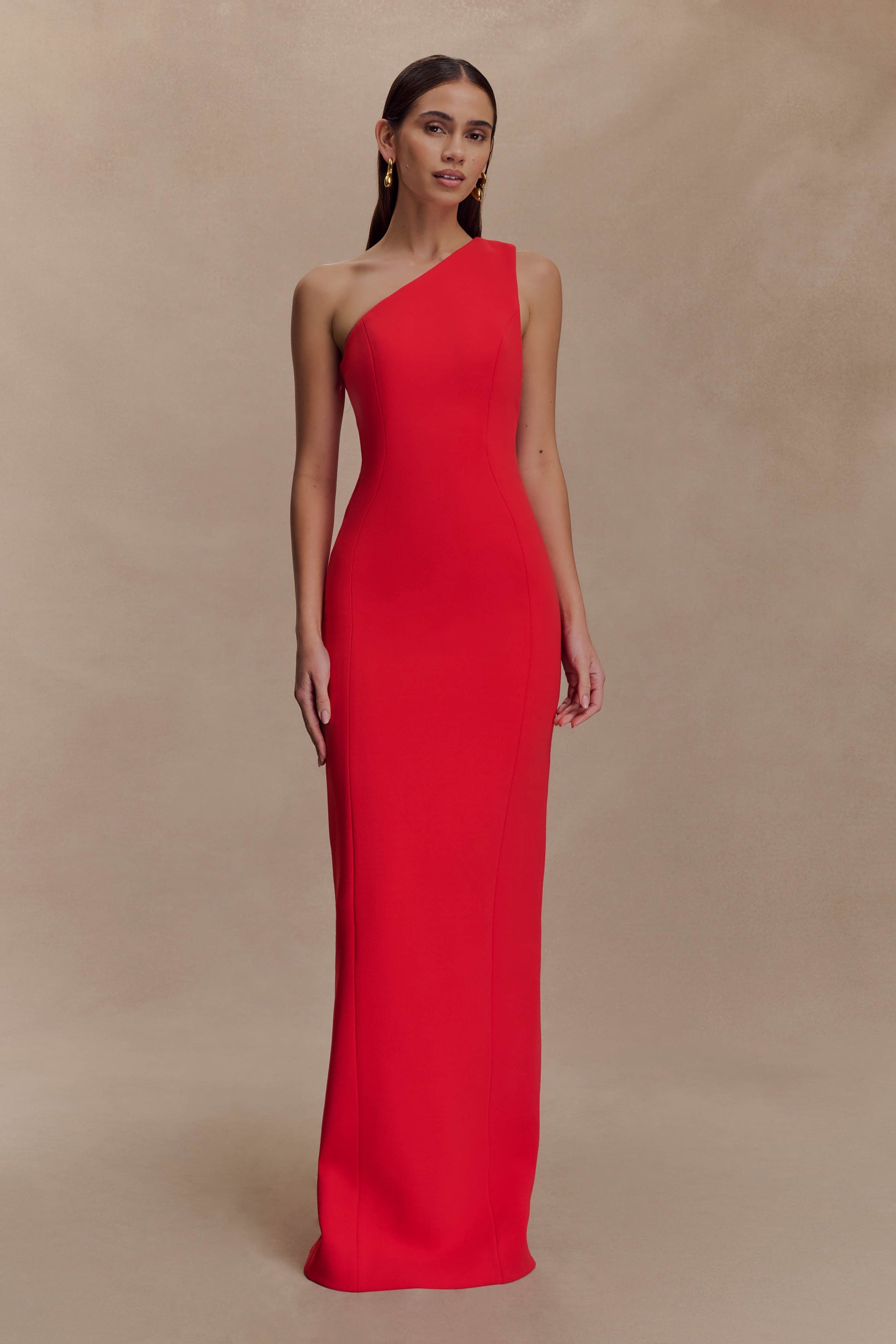 red one shoulder maxi dress Mireya One-Shoulder Sheer Hem Maxi Dress Red