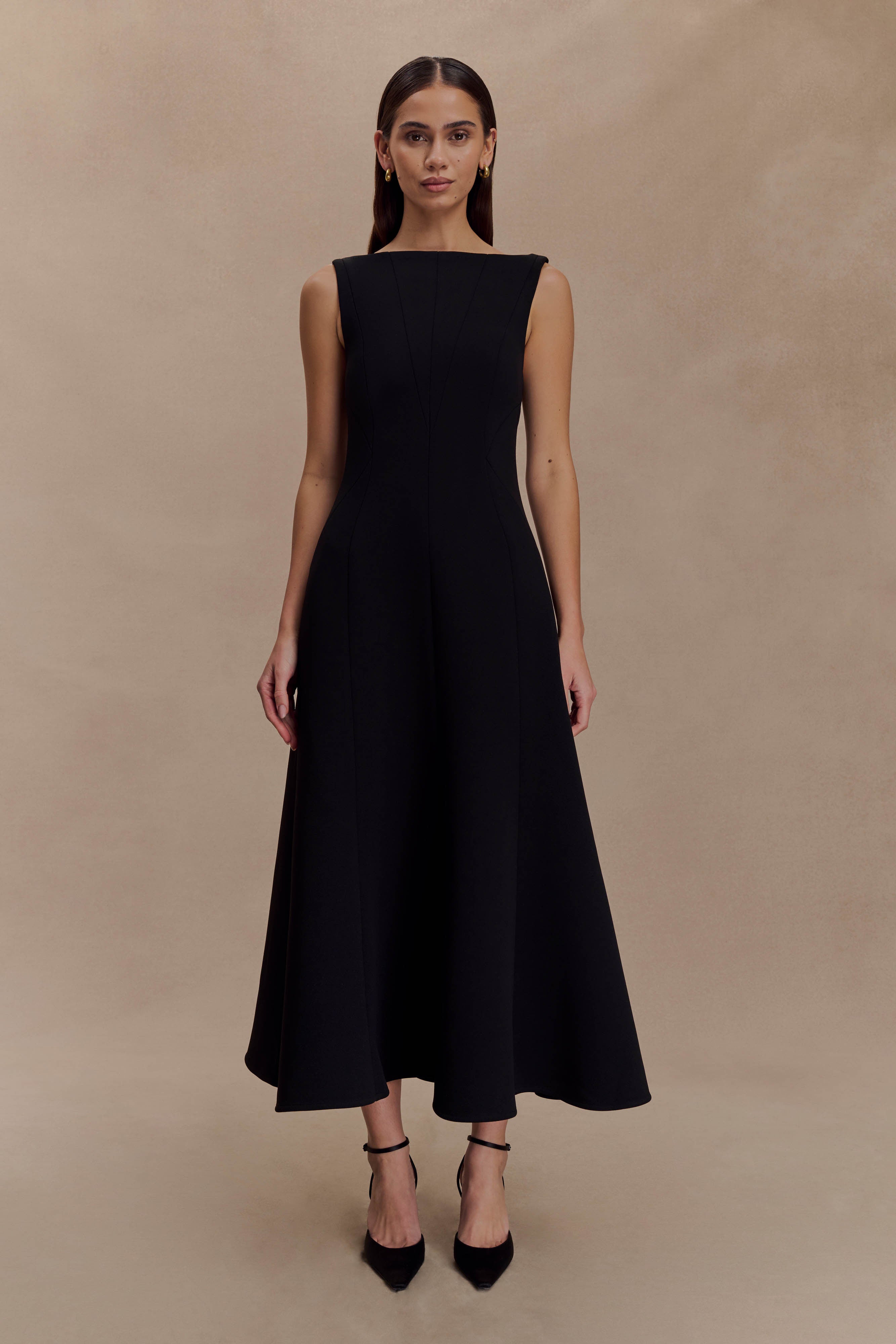 Callista Crepe A-Line Midi Dress - Black | MESHKI US