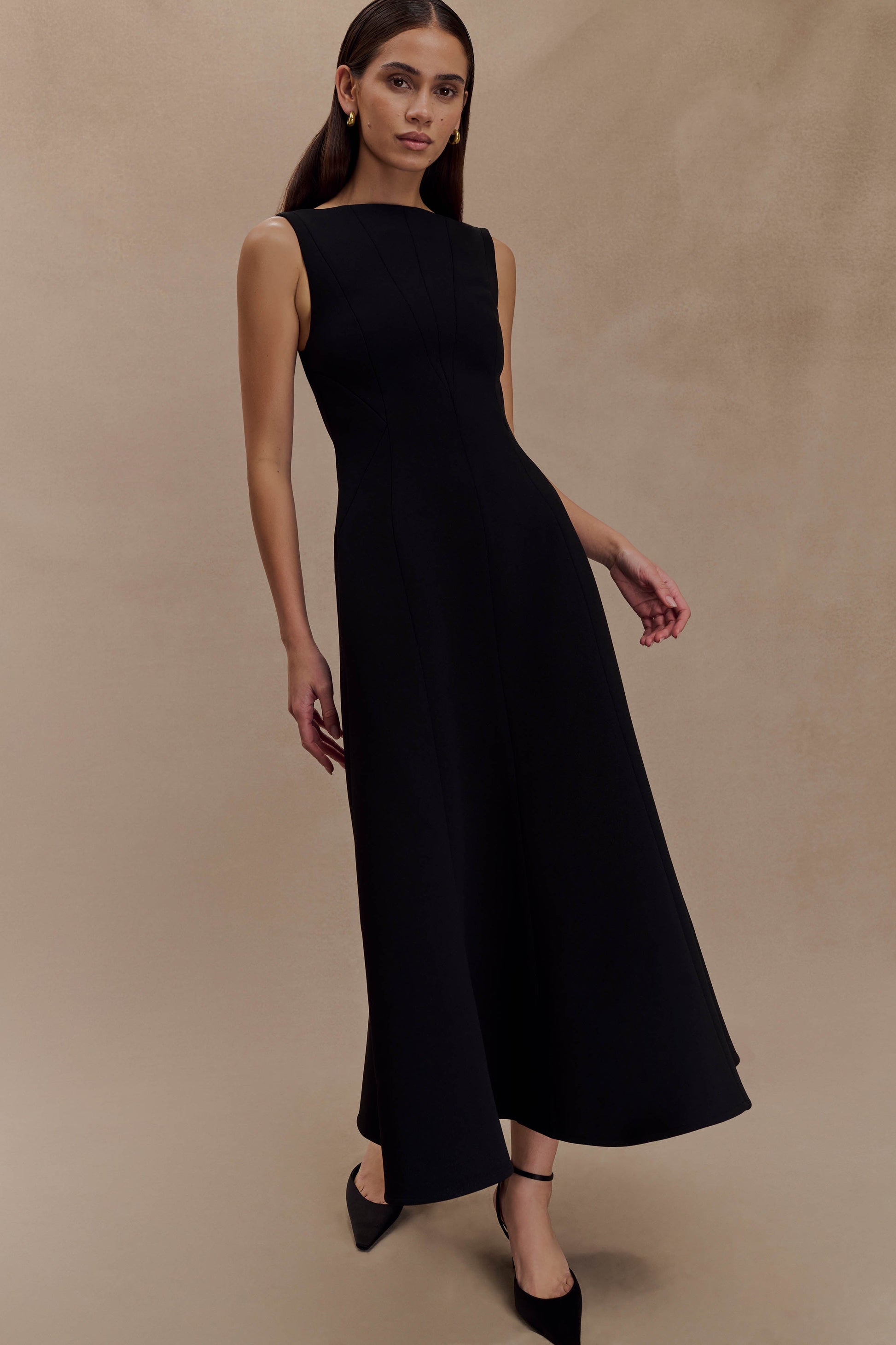 Callista Crepe A-Line Midi Dress - Black | MESHKI US Callista Crepe A-Line Midi Dress - Black | MESHKI US