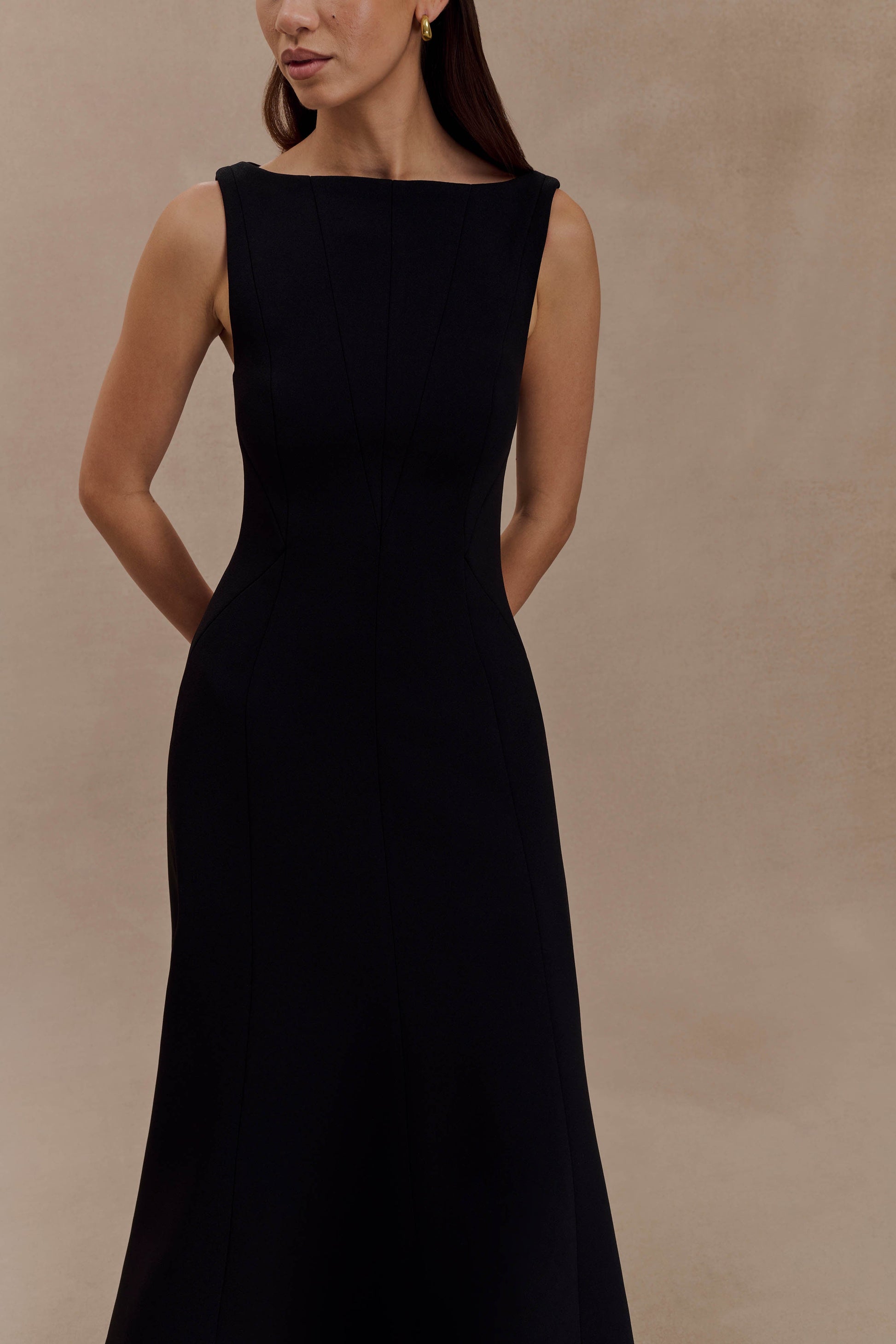 Callista Crepe A-Line Midi Dress - Black | MESHKI US Callista Crepe A-Line Midi Dress - Black | MESHKI US